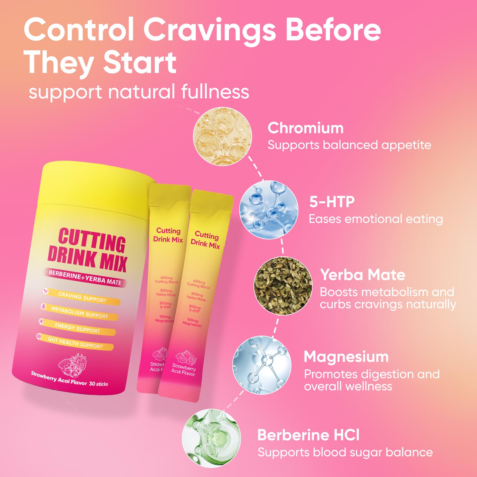 PlocoXe Cutting Drink Mix with Berberine, Chromium, 5-HTP, Yerba Mate & Magnesium - Dual-Action Craving & Gut Health | Strawberry Acai Flavor,Vegan,