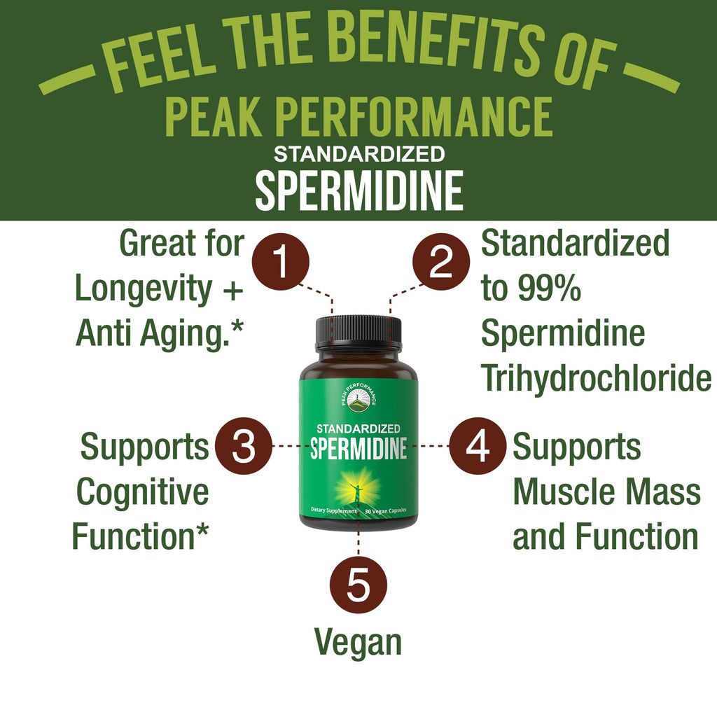 Spermidine Supplement Ultra High Strength Standardized to 99% Spermidine Trihydrochloride. More Potent Than Wheat Germ Extract. Vegan Capsules for Healthy Aging, Longevity. USA Tested Supplements Peak Performance Au supplements