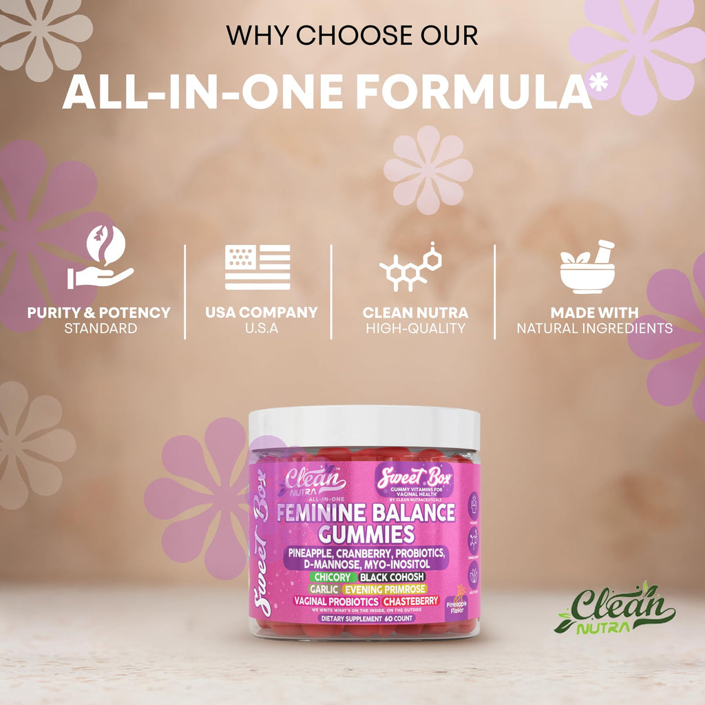 Clean Nutra Feminine Balance Gummies for Women Pineapple VaginalProbiotics pH Balance Cranberry D Mannose Supplement Inositol Black Cohosh Evening Primrose Garlic Vitex GLA Prebiotics Folate 60ct Clean Nutraceuticals Au supplements