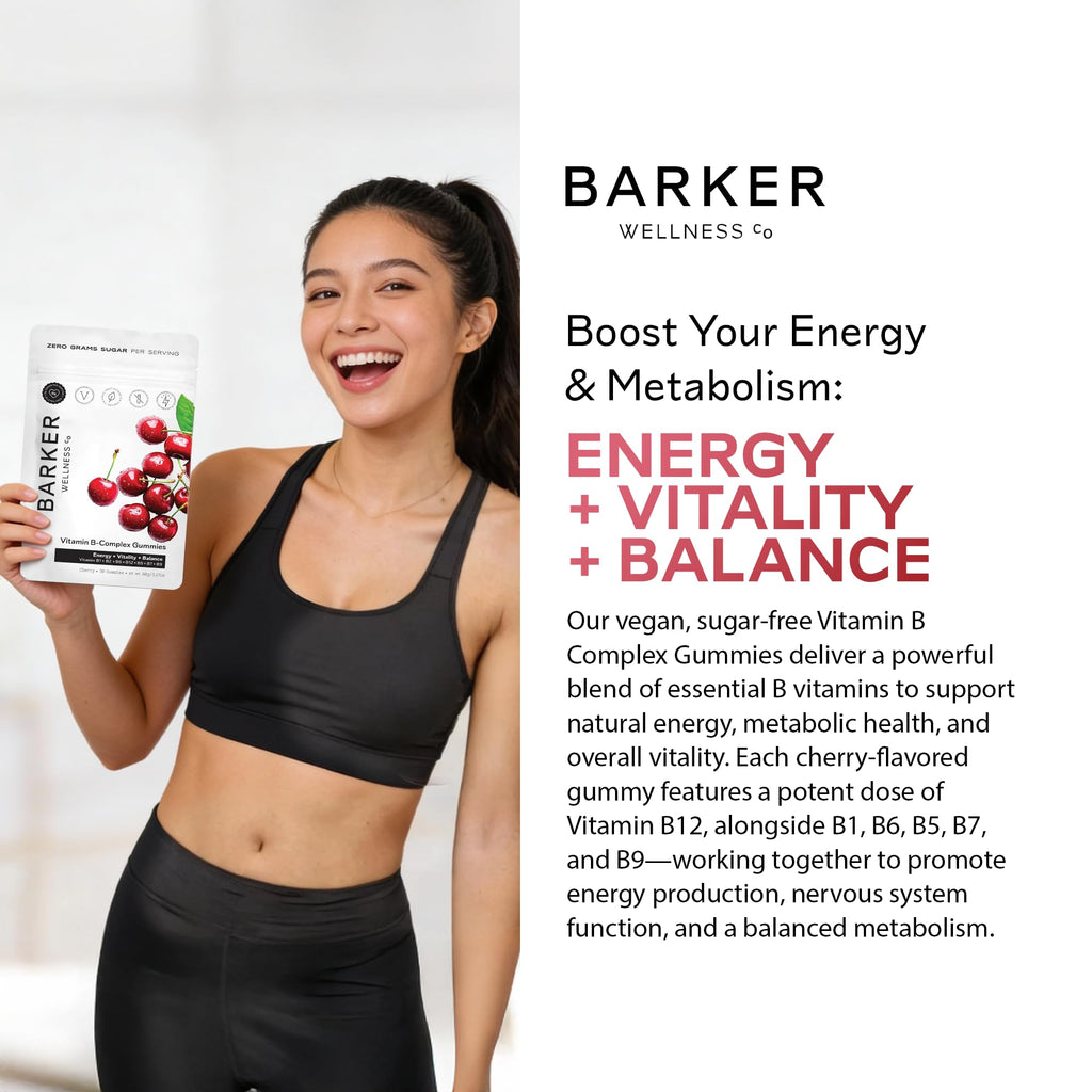 Barker Wellness Vegan B-Complex Gummies – Comprehensive Energy & Metabolism Boost with B1, B5, B6, B7 Biotin, B9 Folate, B12