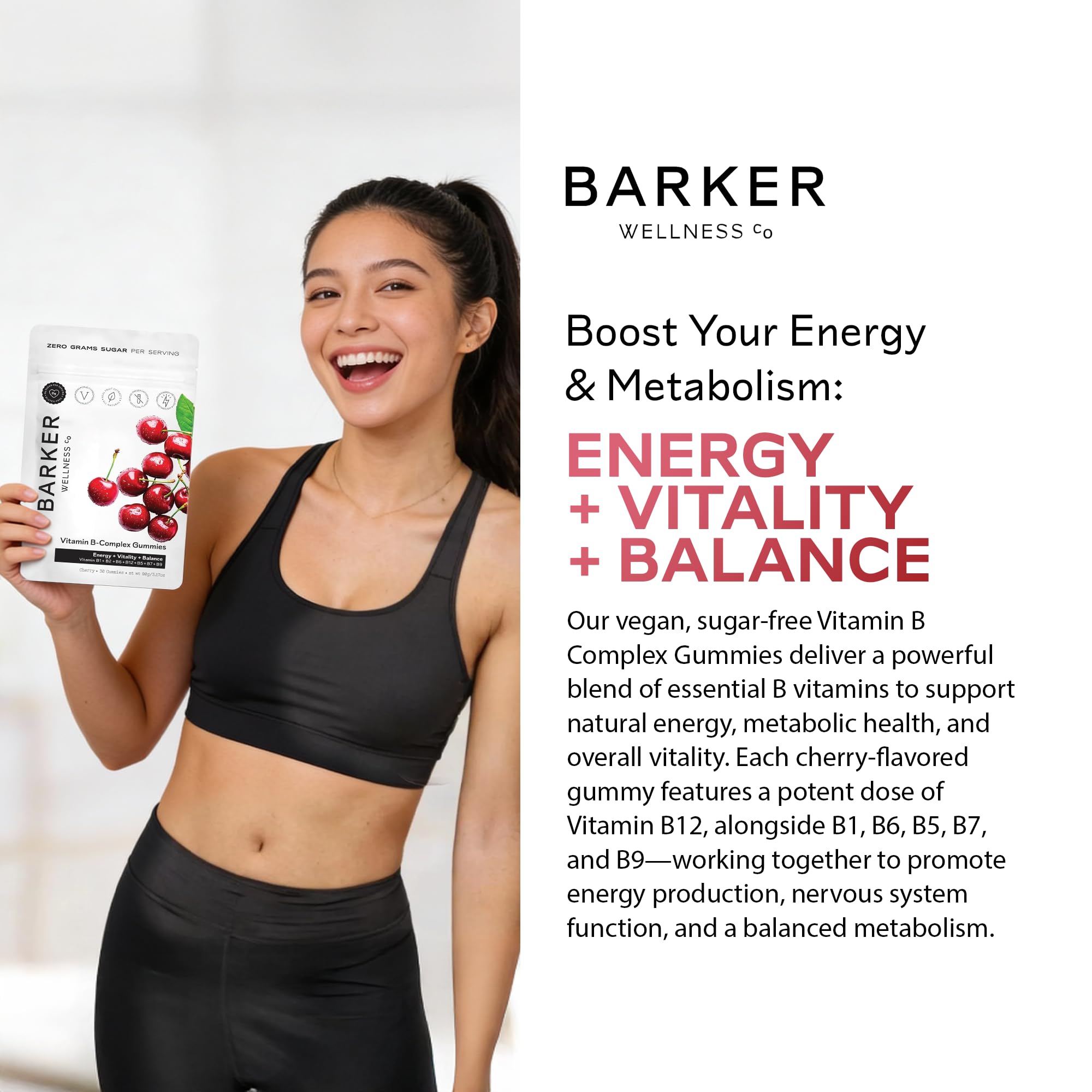 Barker Wellness Vegan B-Complex Gummies – Comprehensive Energy & Metabolism Boost with B1, B5, B6, B7 Biotin, B9 Folate, B12