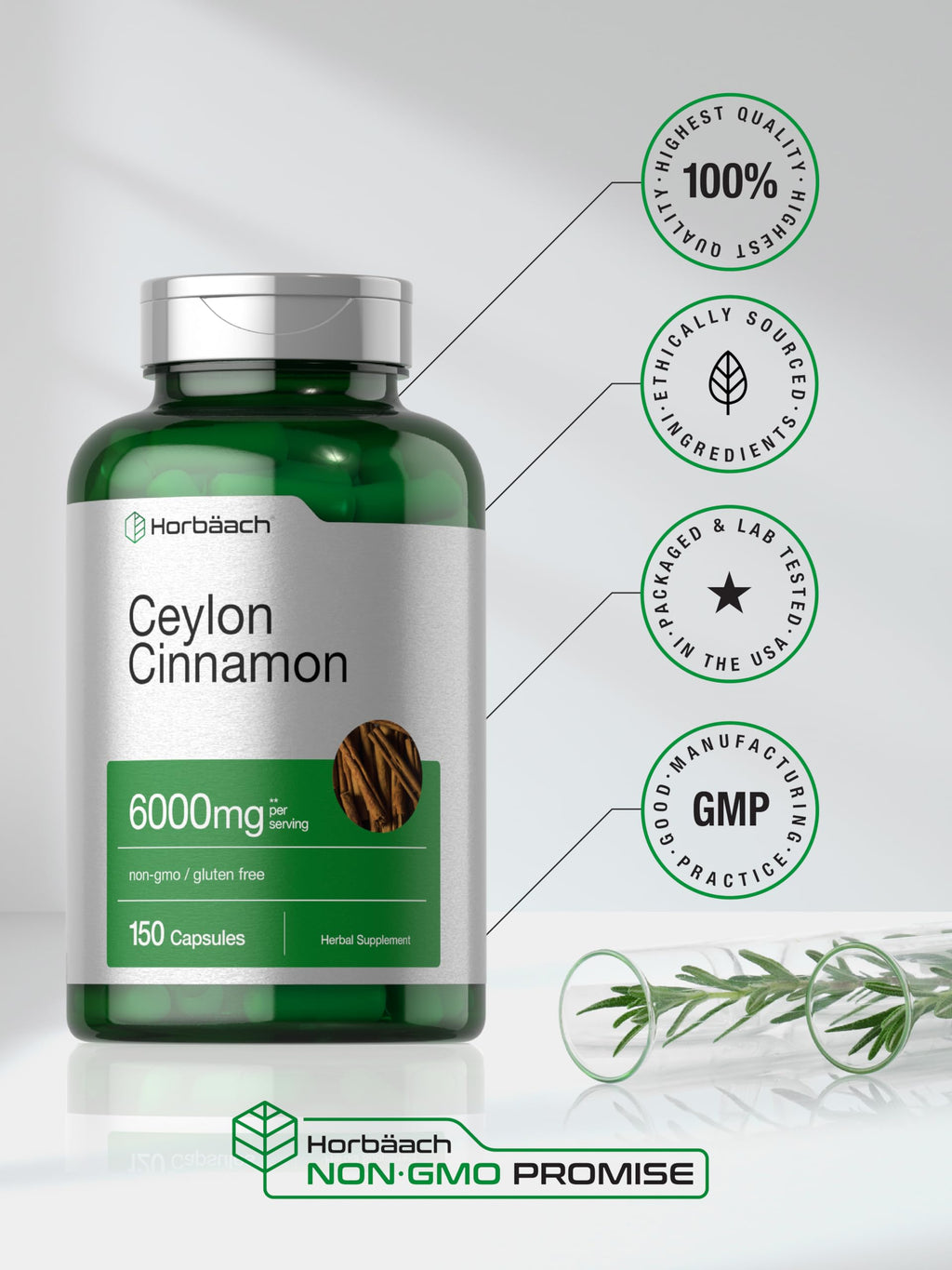 Horbäach Ceylon Cinnamon Supplement | 150 Capsules | Herbal Extract Pills | Non-GMO & Gluten Free