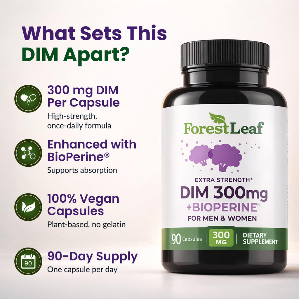 ForestLeaf DIM Supplement - 300mg DIM Estrogen Supplement for Women/Men - Diindolylmethane with BioPerine Black Pepper - Support for Detox, Metabolism, Hormone Balance & Menopause - 90 Caps ForestLeaf Au supplements