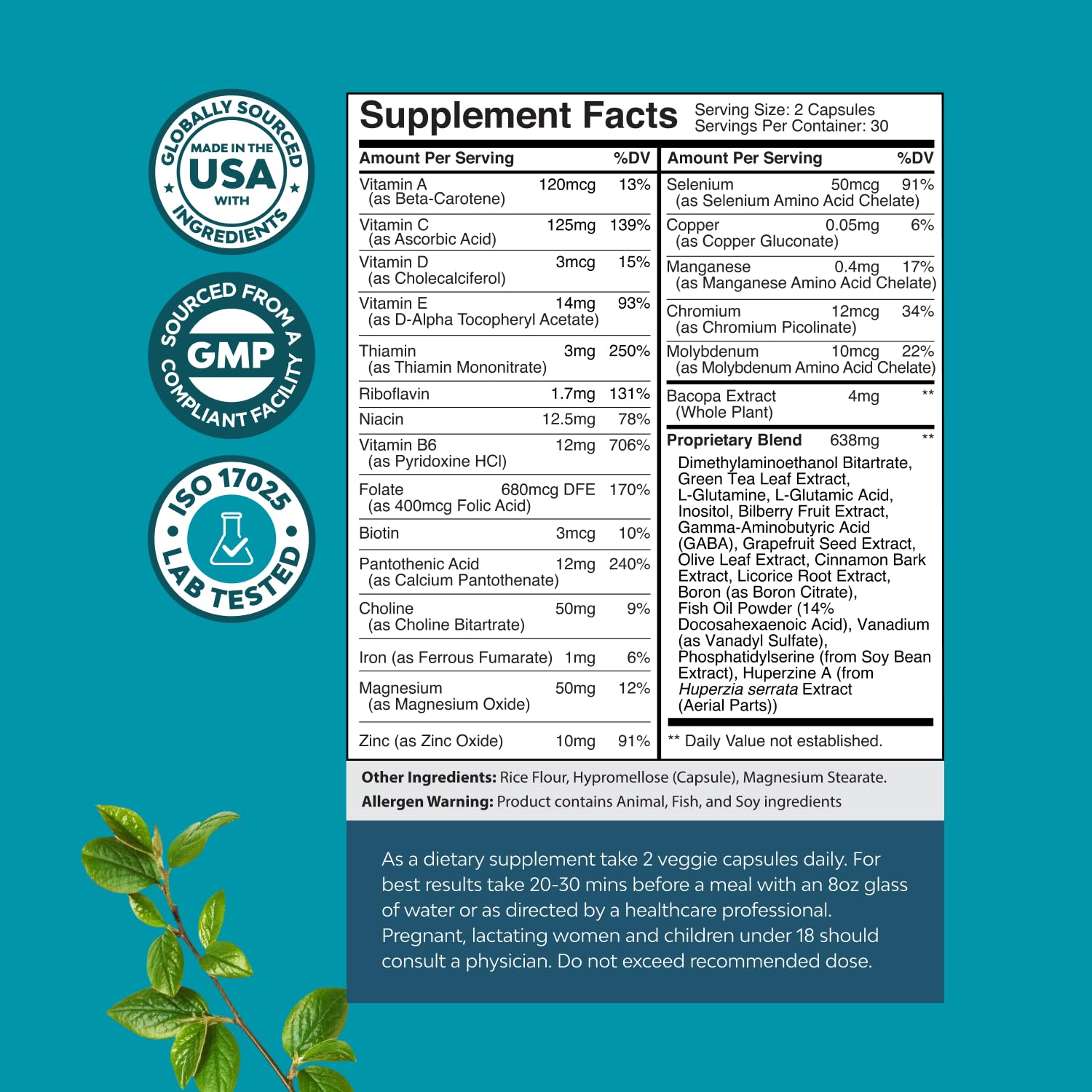 Nootropic Brain Supplement for Memory and Focus Enhancement - Vitamins for Mental Health & Clarity with VIT A, B6, Riboflavin, Niacin, Thiamin & Folate - Cognitive Complex for Mind Vitality - 60 Ct Natures Craft Au supplements