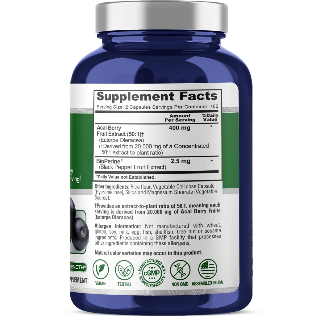NusaPure Acai Berry 50:1 Extract - Suitable for Vegetarian/Vegan, Non - GMO - 20000 mg - 200 Capsules NusaPure Au supplements