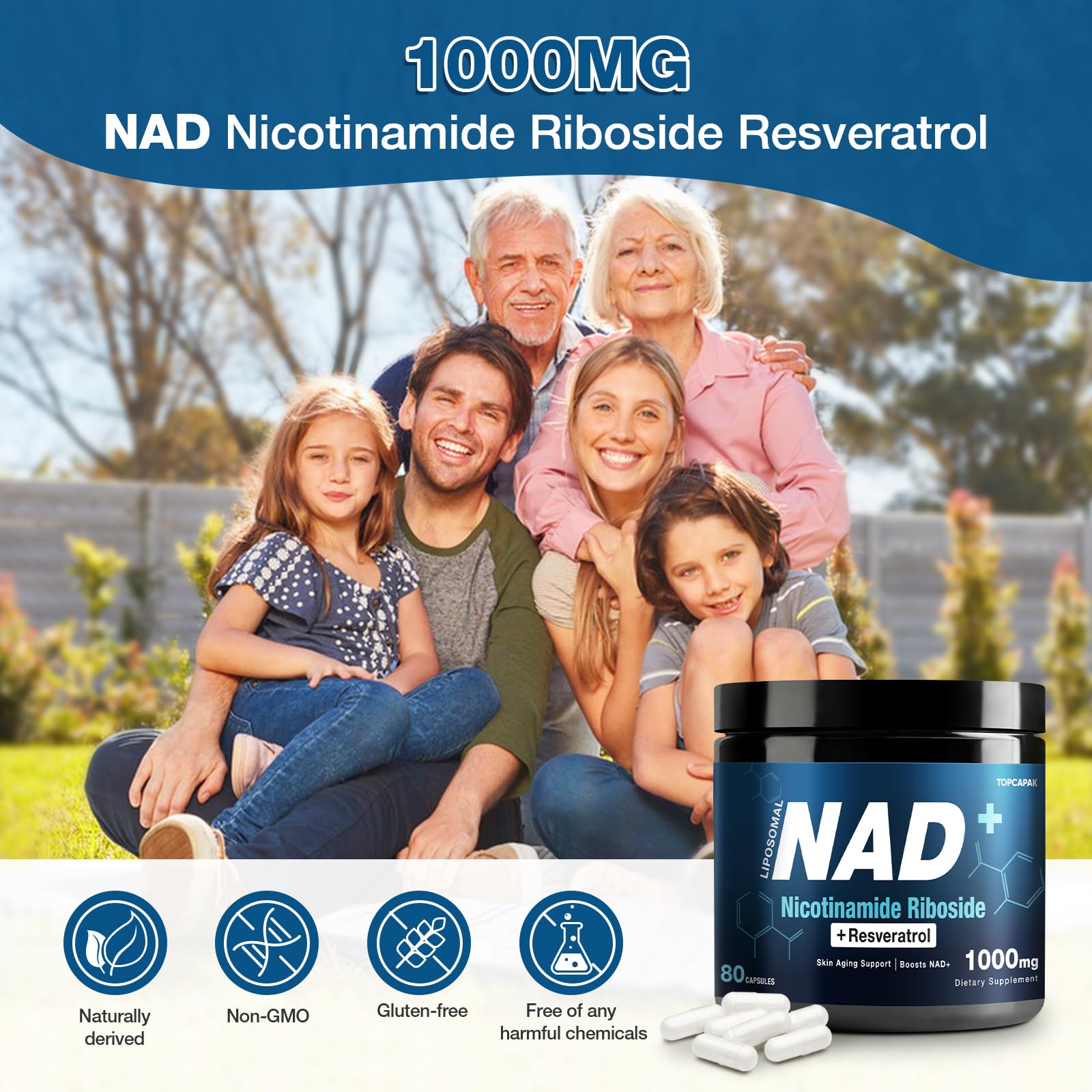 NAD+ Supplement 1000mg - Nicotinamide Riboside (NR) and Resveratrol, Liposomal NAD of Pure Organic Ingredients for Women & Men Healthy Aging, Brain and Cellular Energy, 80 Capsules TOPCAPAK Au supplements