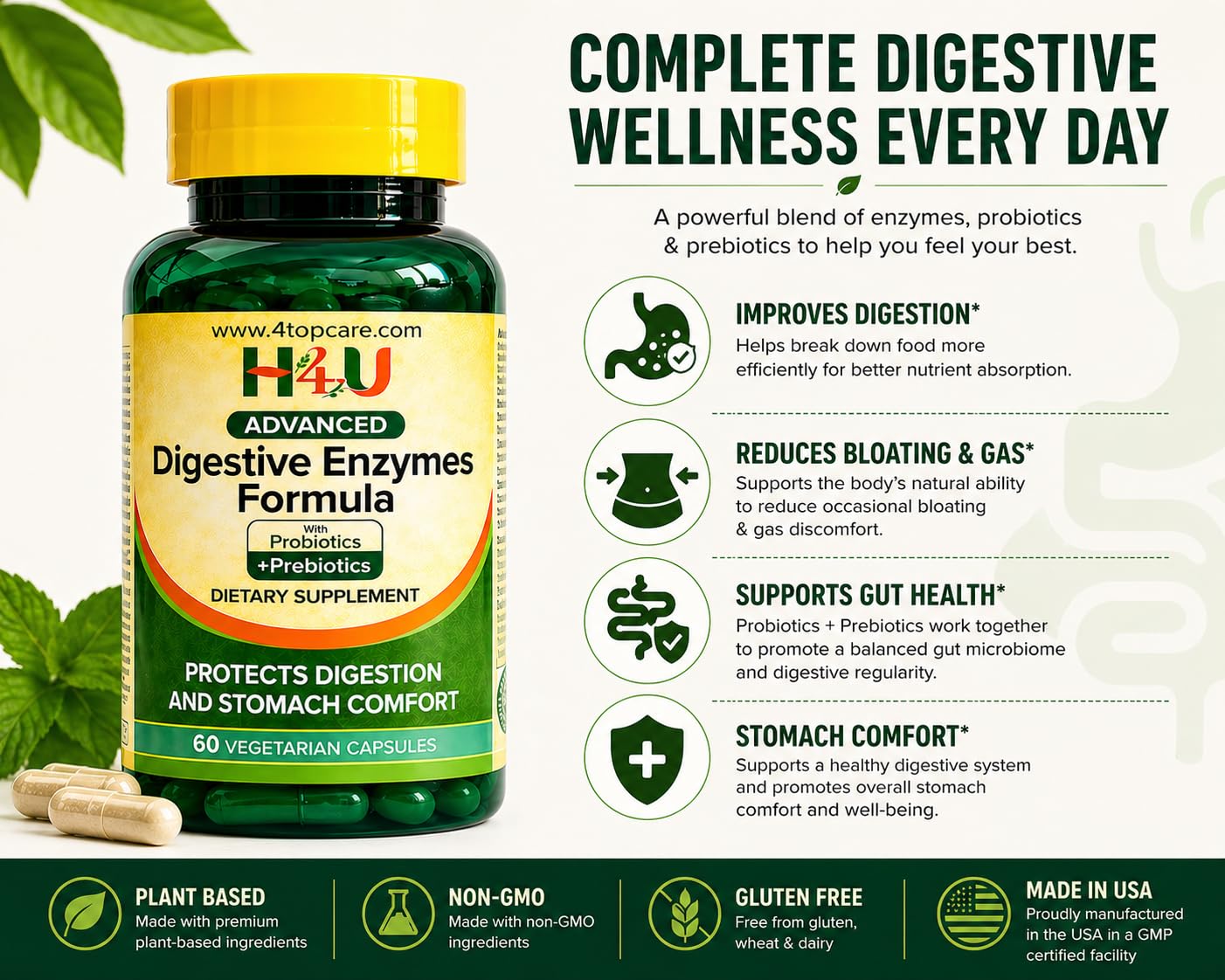 H4U Advanced Digestive Enzymes with Probiotics & Prebiotics – Multi Enzyme Supplement for Gut Health, Digestion Support, Bloating Relief & Stomach Comfort,