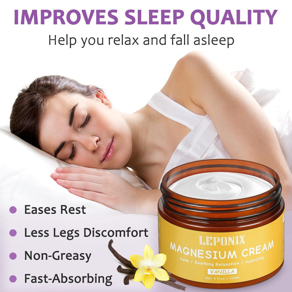 Magnesium Cream for Sleep & Muscle Recovery - Soothing Topical Magnesium Lotion for Leg Cramps, Joint Comfort, Pain Relief - Relaxing Magnesium Body Butter for Men Women Kids (120ml, Vanilla) LEPONIX Au supplements