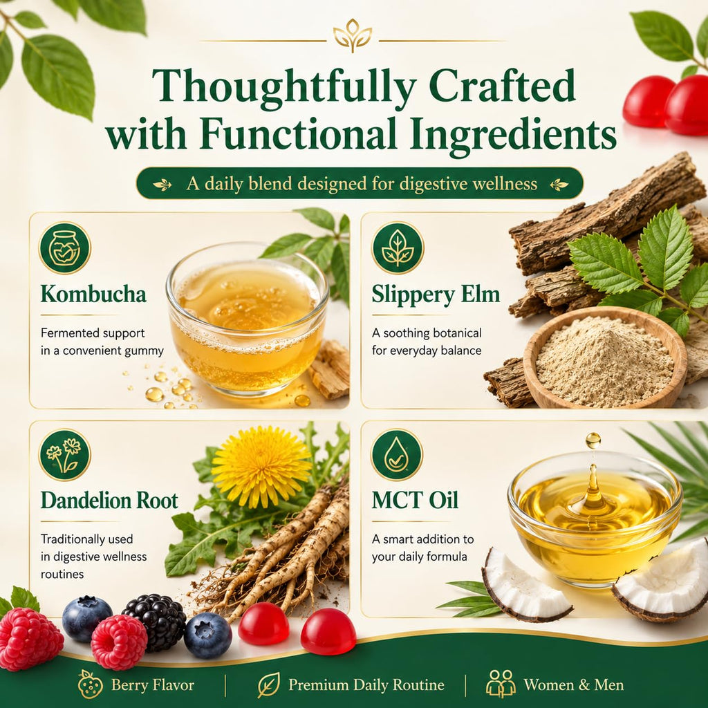 PRIMEHAVEN Probiotic Kombucha Gummies - Prebiotics, Probiotics, Postbiotics, Fiber Supplement, Slippery Elm, Dandelion Root, for Bloating, Gut Health