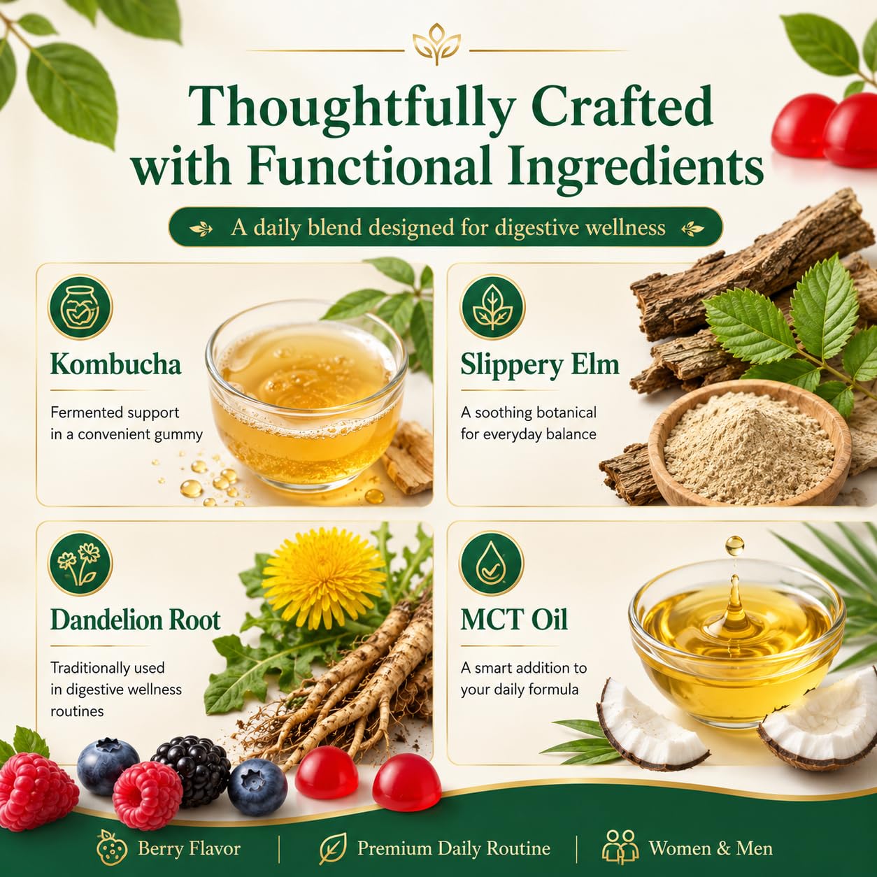 PRIMEHAVEN Probiotic Kombucha Gummies - Prebiotics, Probiotics, Postbiotics, Fiber Supplement, Slippery Elm, Dandelion Root, for Bloating, Gut Health