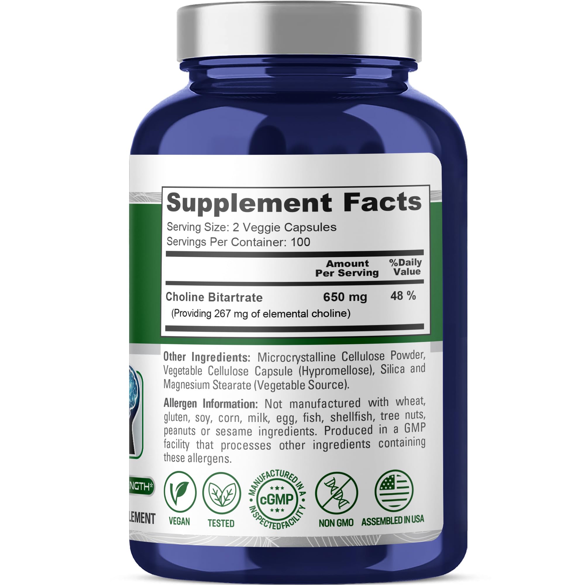 NusaPure Choline Bitartrate - Suitable for Vegetarian/Vegan, Non - GMO - 650 mg 200 Capsules NusaPure Au supplements