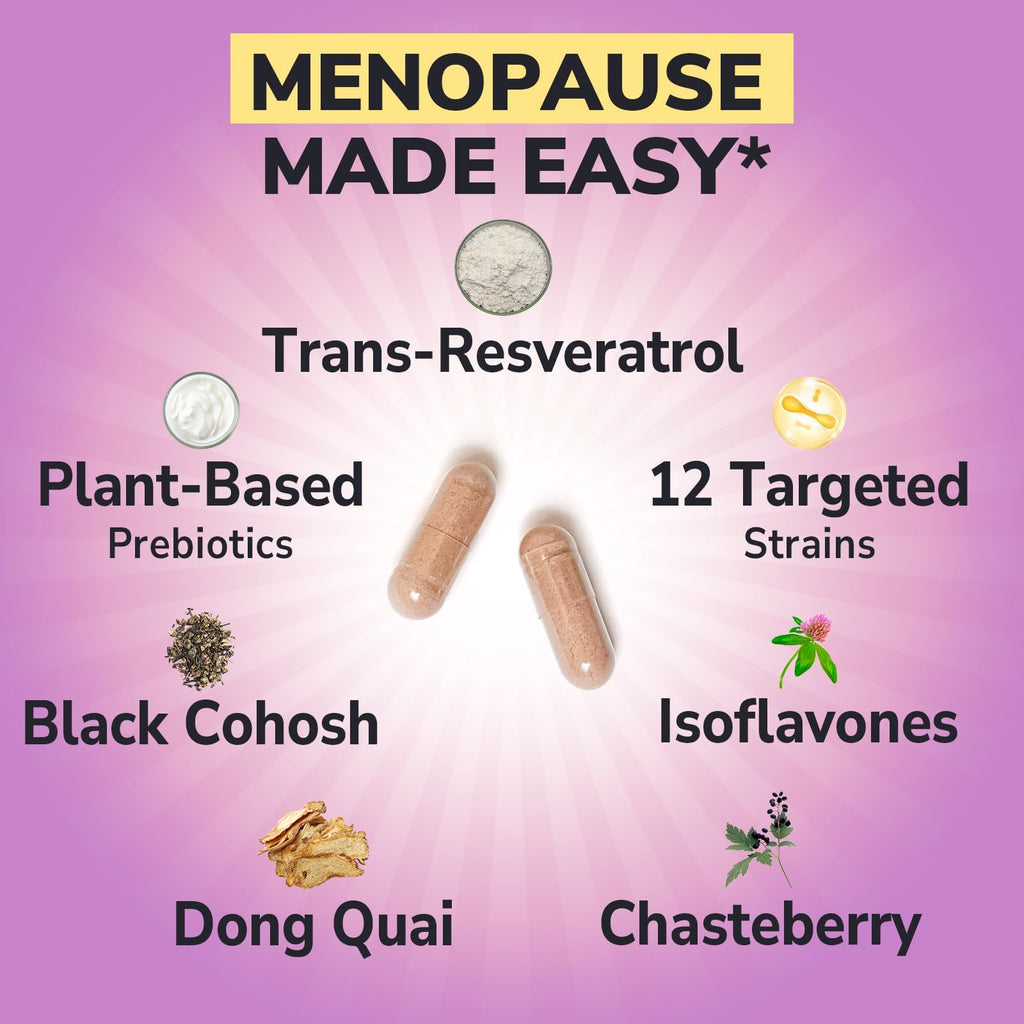 Vitalibre Menopause Probiotics for Women 70 Billion CFU, 12 Targeted Strains, Organic Prebiotics, Black Cohosh Resveratrol Red Clover Chasteberry Dong Quai, Hot Flash Night Sweat+, No Estrogen, 30 Ct Vitalibre Au supplements