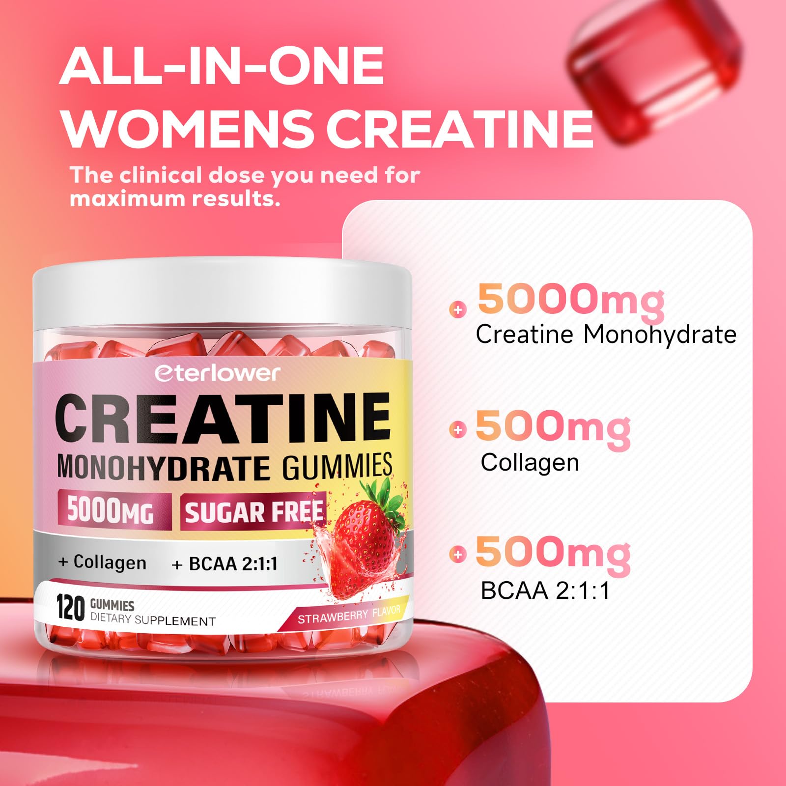 eterlower Creatine Monohydrate Gummies, 5g Creatine Gummies for Women & Men.Pre-Workout & Muscle Growth Support,