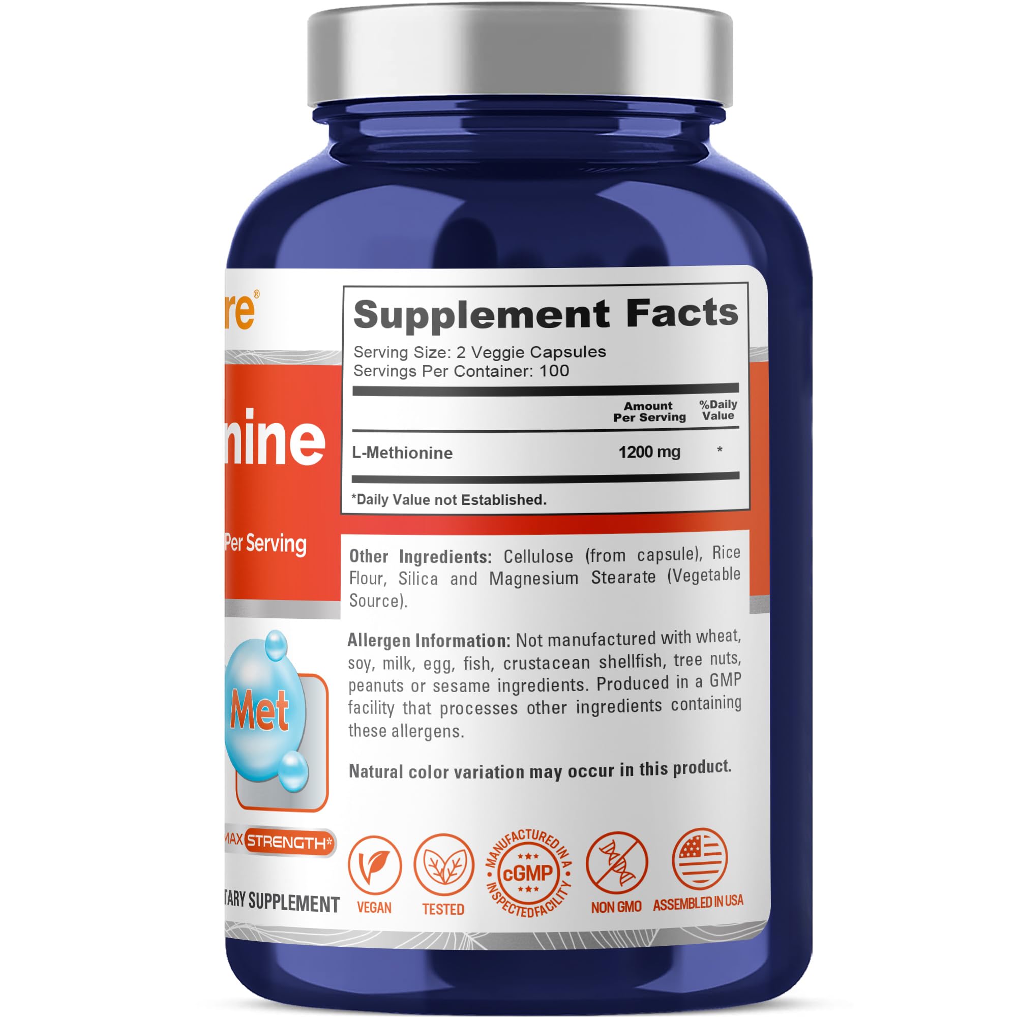 NusaPure L Methionine 1200mg | 200 Capsules | Non-GMO | Vegan Supplement NusaPure Au supplements
