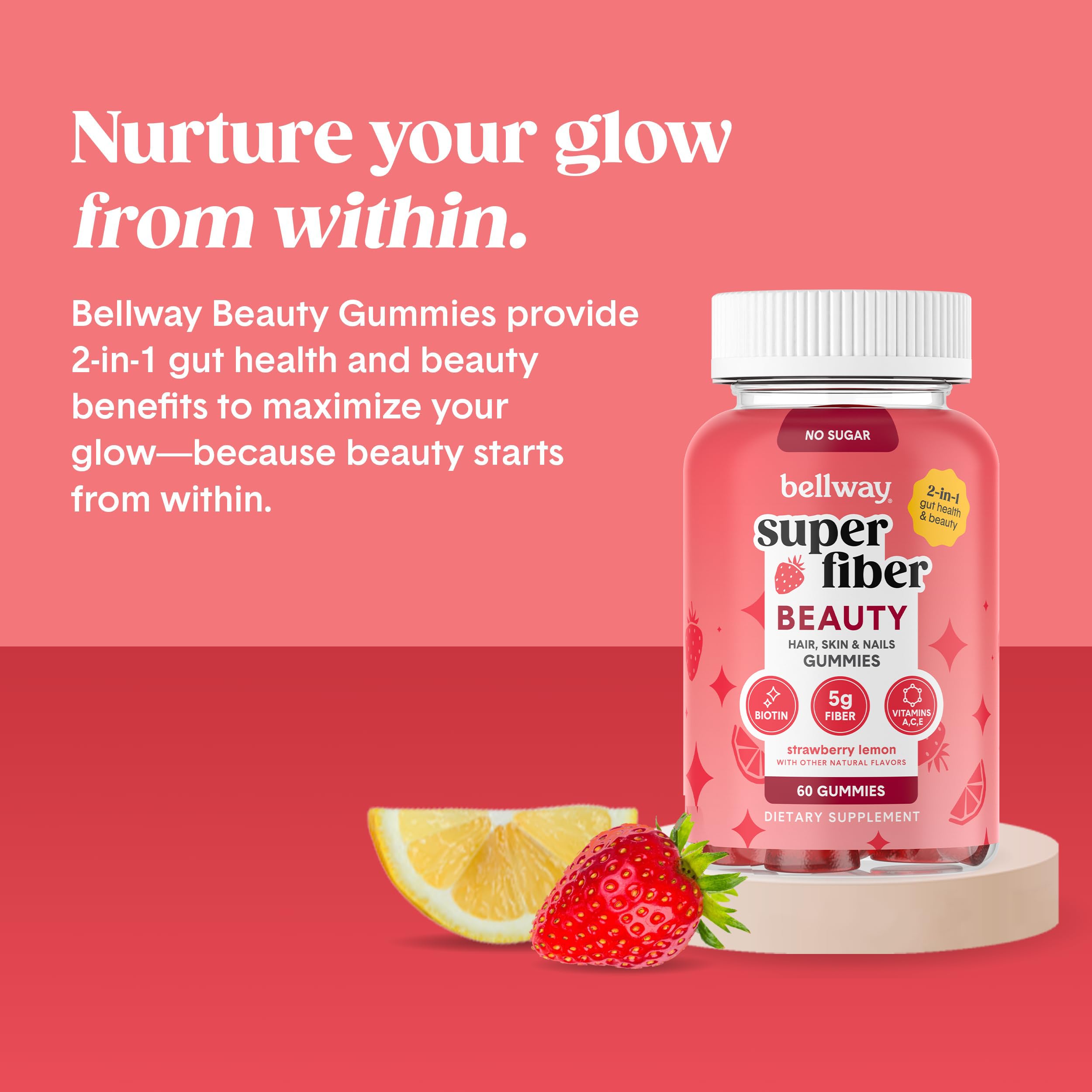 Bellway Super Fiber Gummies + Beauty – Sugar Free Fiber Supplement with Biotin & Vitamins A C E – Supports Digestive Health,