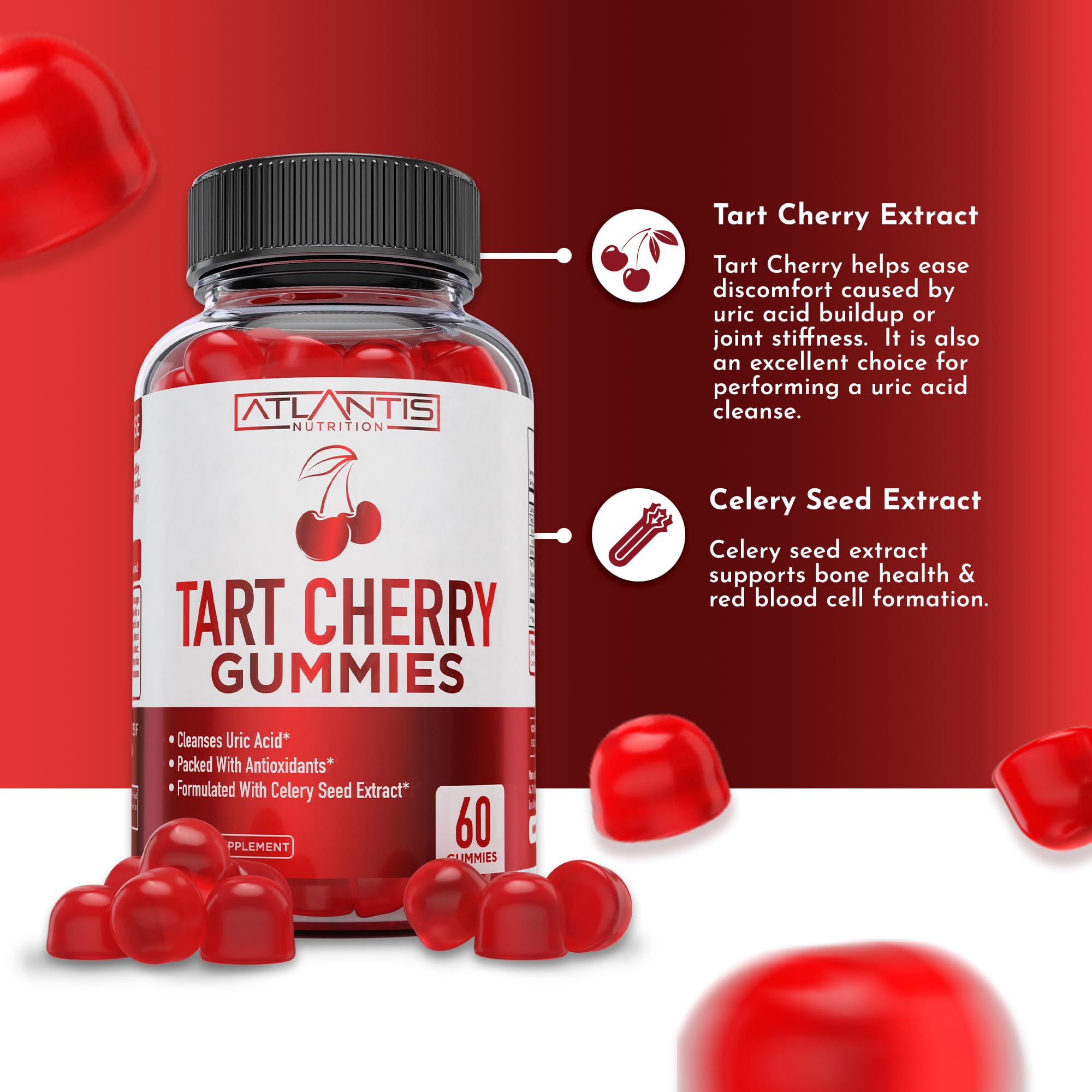 Atlantis Nutrition Tart Cherry Gummies with Celery Seed Extract - Advanced Uric Acid Cleanse for Immediate Relief | Joint Relief & Recovery