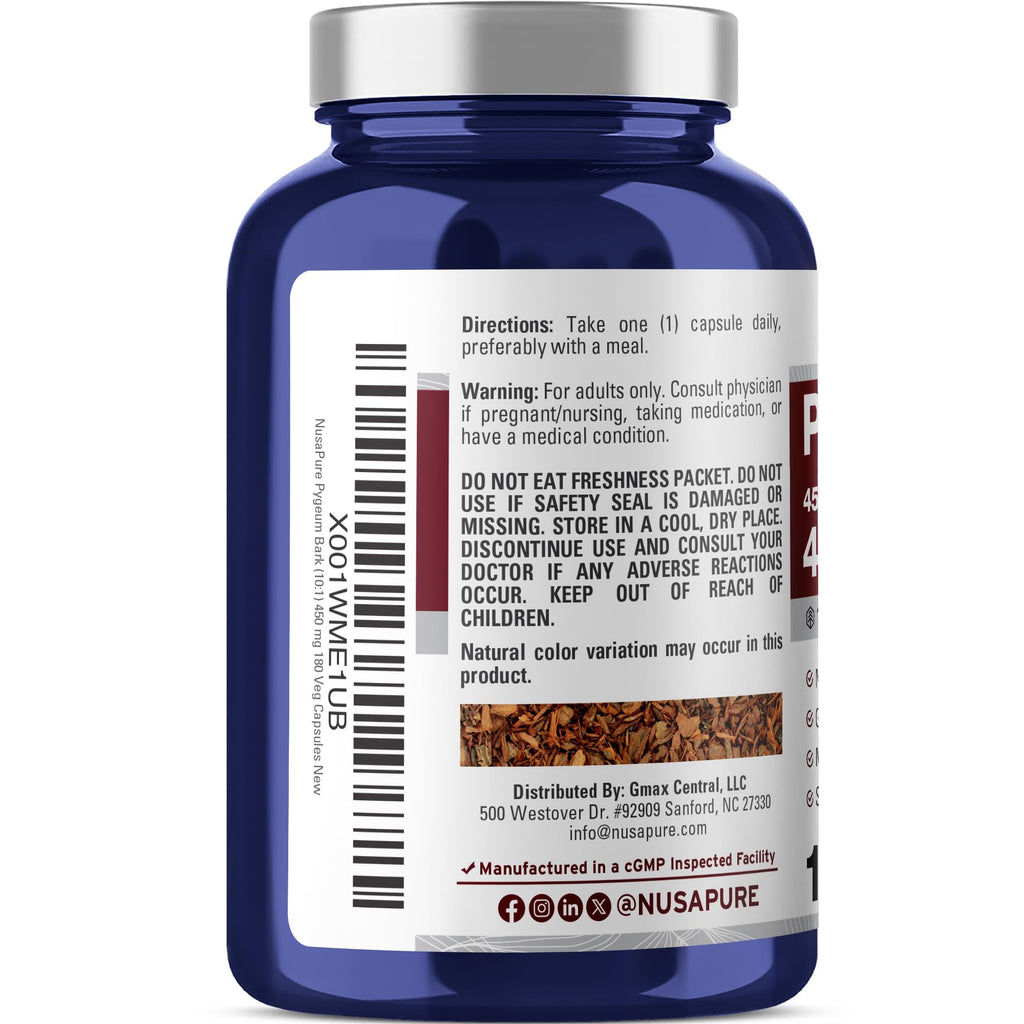NusaPure Pygeum Bark 10:1 Extract, 450 mg Equivalent to 4,500mg 180 Veggie Caps (Non-GMO, Vegan) NusaPure Au supplements