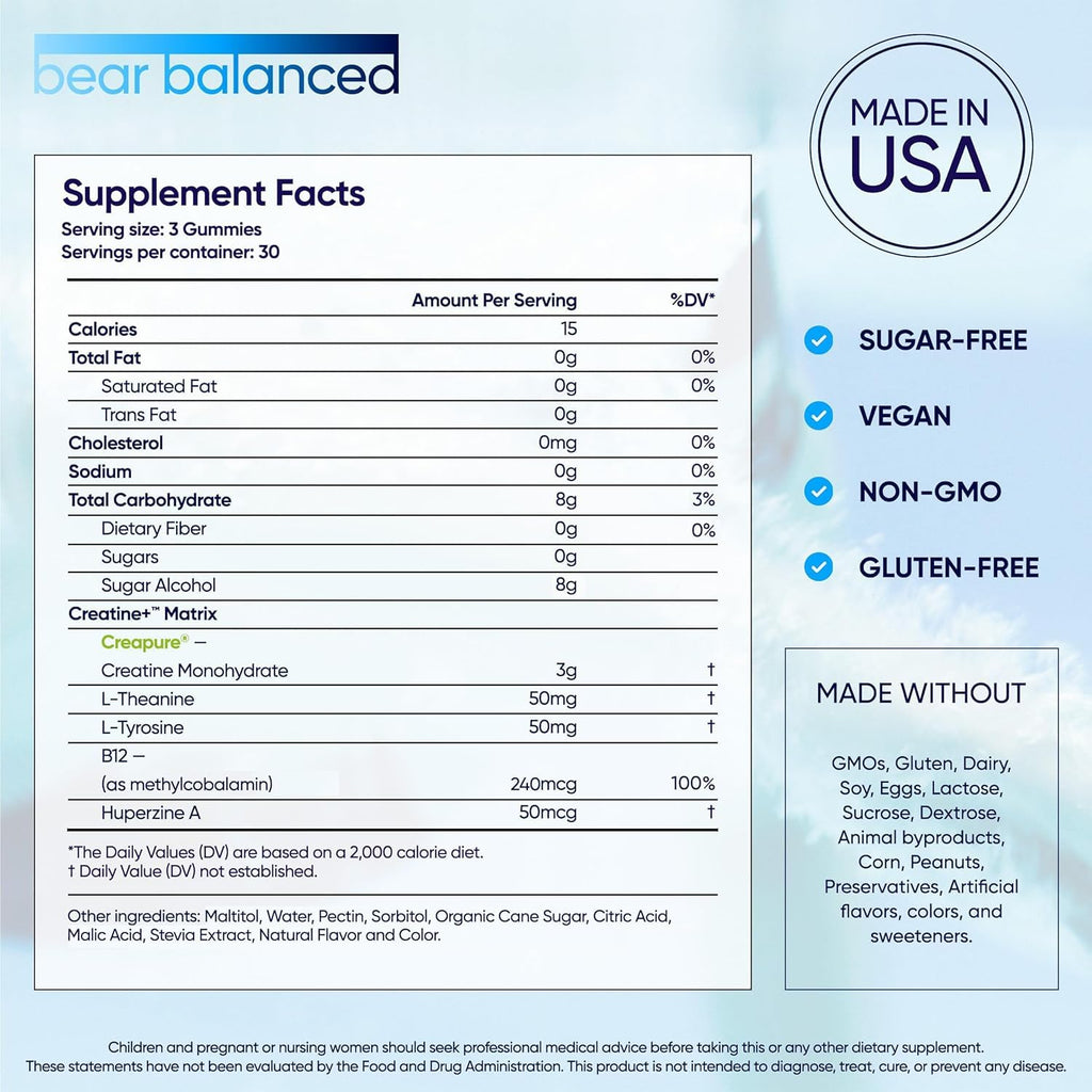 Bear Balanced Creatine Gummies for Men & Women - Creapure® Creatine Monohydrate, L-Theanine, L-Tyrosine & B12 for Muscle Growth, Strength, Focus, Energy & Health