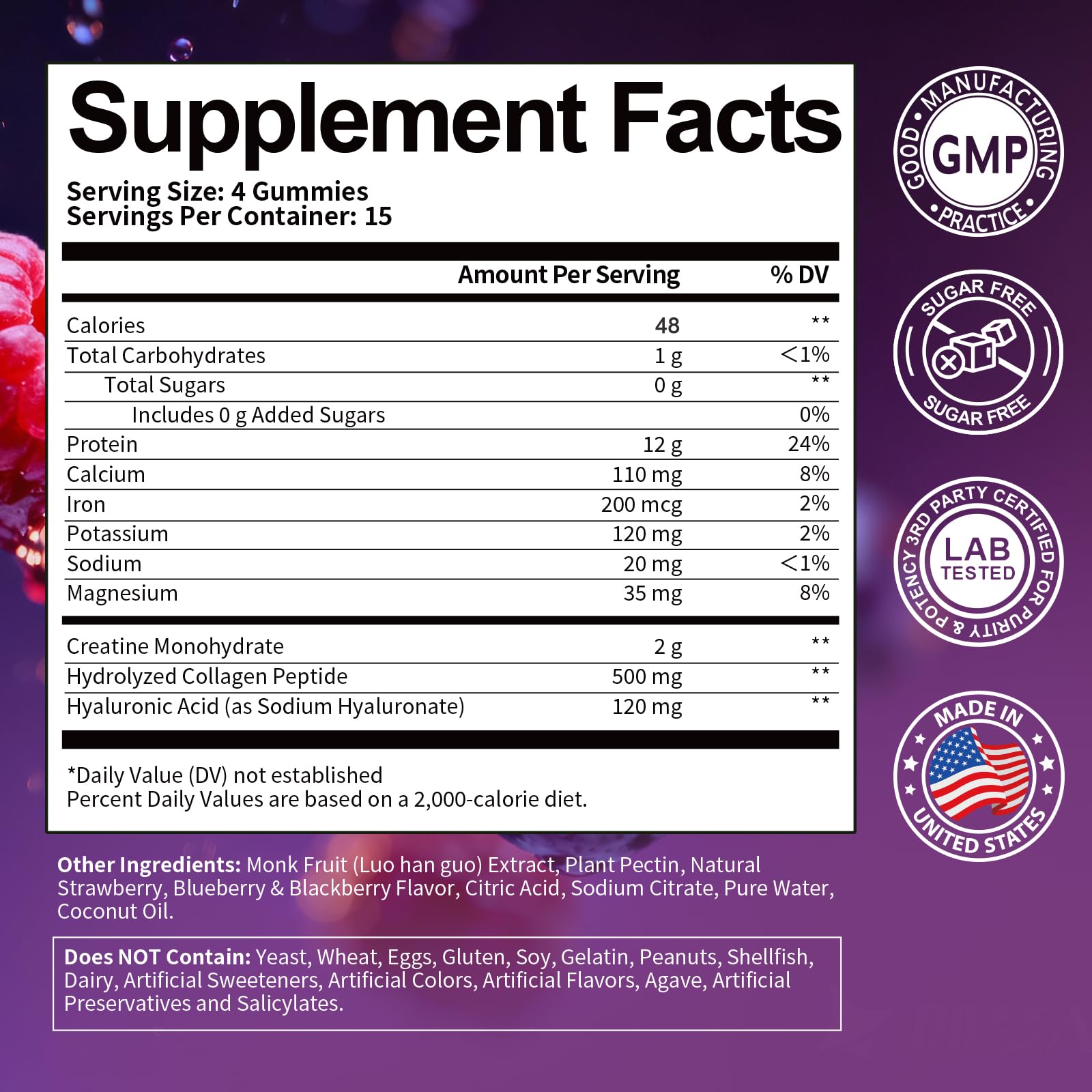 3 in 1 Whey Protein Gummies | Creatine Monohydrate | Collagen, 0 Sugar, Pure Protein Source, Muscle & Energy Support, Berry Flavor, for Women and Men
