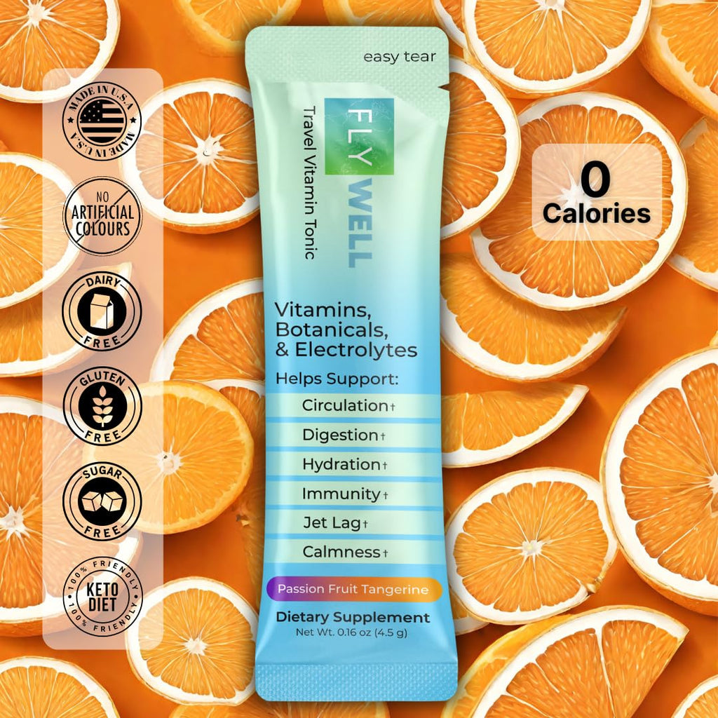 FlyWell Travel Vitamin Tonic for Flight, Jet Lag, Hydration, Circulation, Digestion & Immune Support, Promotes Calmness, Electrolyte Powder, Travel Essentials,