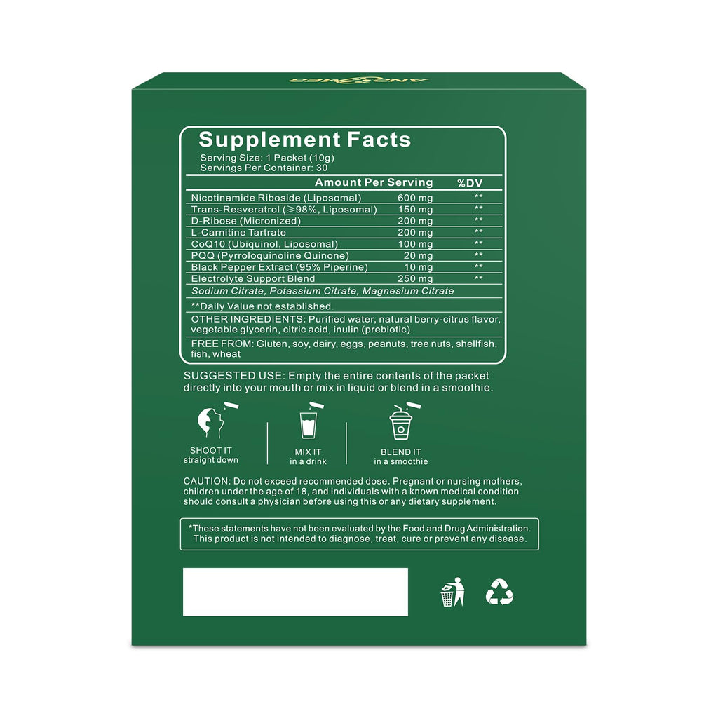 ANPOMER NAD Supplement with Liposomal Nicotinamide Riboside 600mg, Resveratrol, CoQ10, PQQ & D-Ribose, Electrolyte Blend, 30 Liquid Packets ANPOMER Au supplements