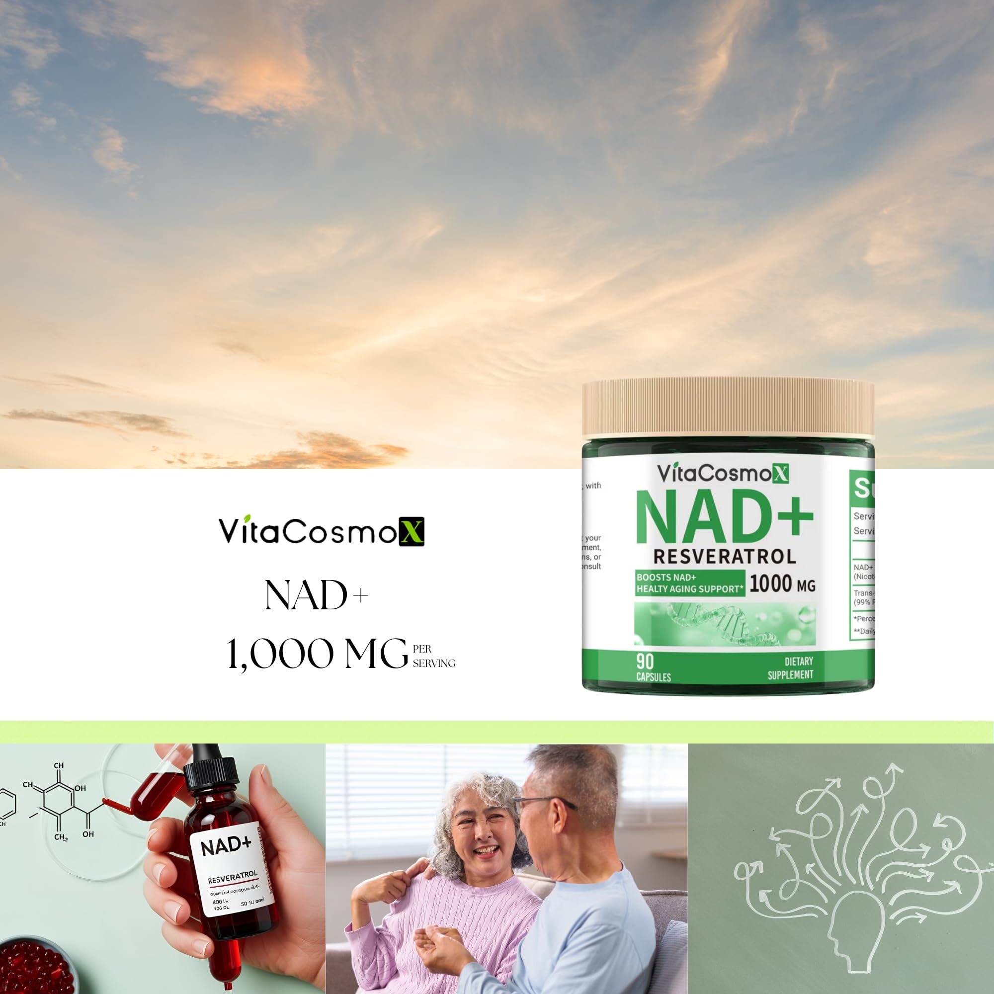 VitaCosmoX NAD+ with Resveratrol Similar to Nicotinamide Riboside Supplement, 1000 mg, 90 Capsules Vegan Non-GMO VitaCosmoX Au supplements