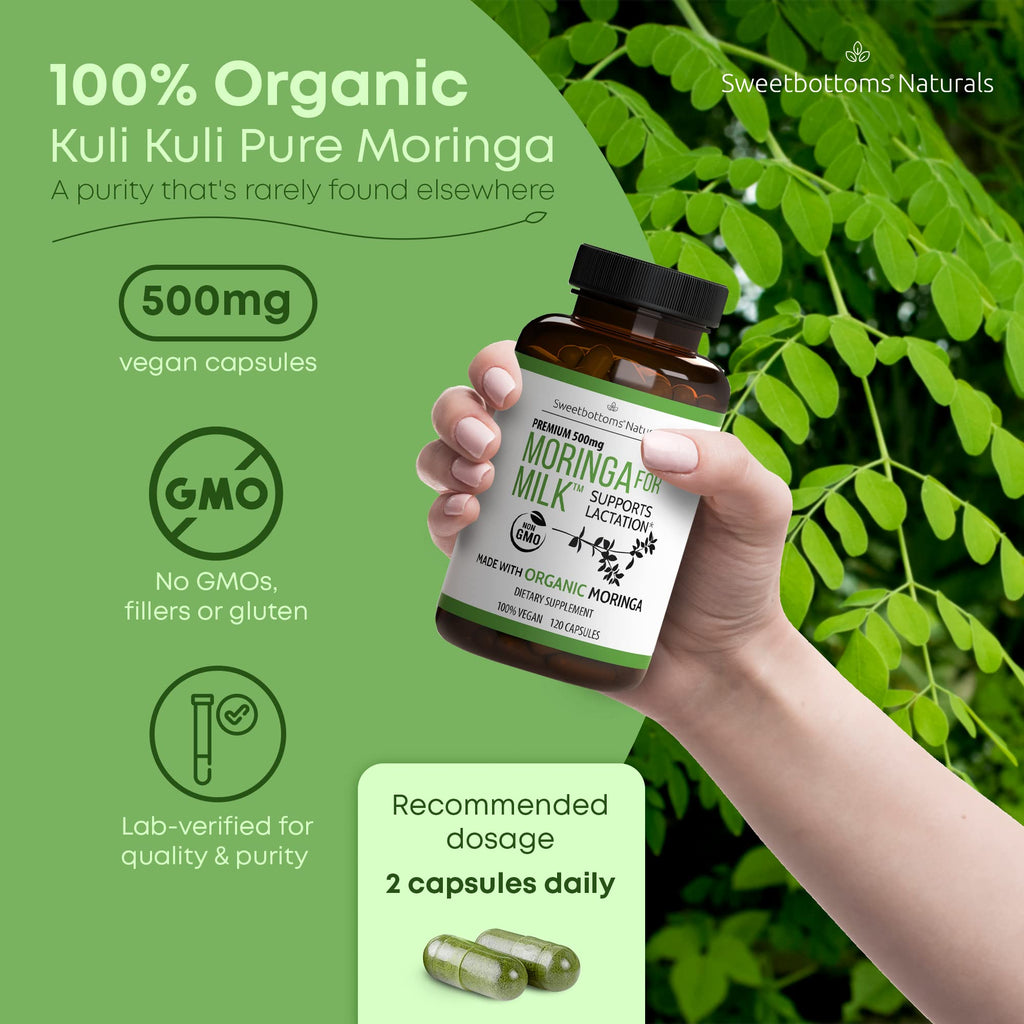 Lactation Supplement - Organic Moringa Capsules for Breastfeeding Support to Increase Breastmilk Supply (120 ct) Pure Malunggay Leaf Powder for Milk Production Booster