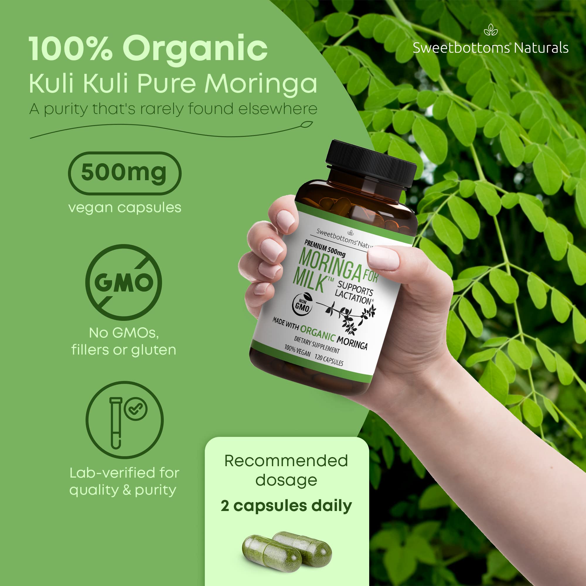 Lactation Supplement - Organic Moringa Capsules for Breastfeeding Support to Increase Breastmilk Supply (120 ct) Pure Malunggay Leaf Powder for Milk Production Booster