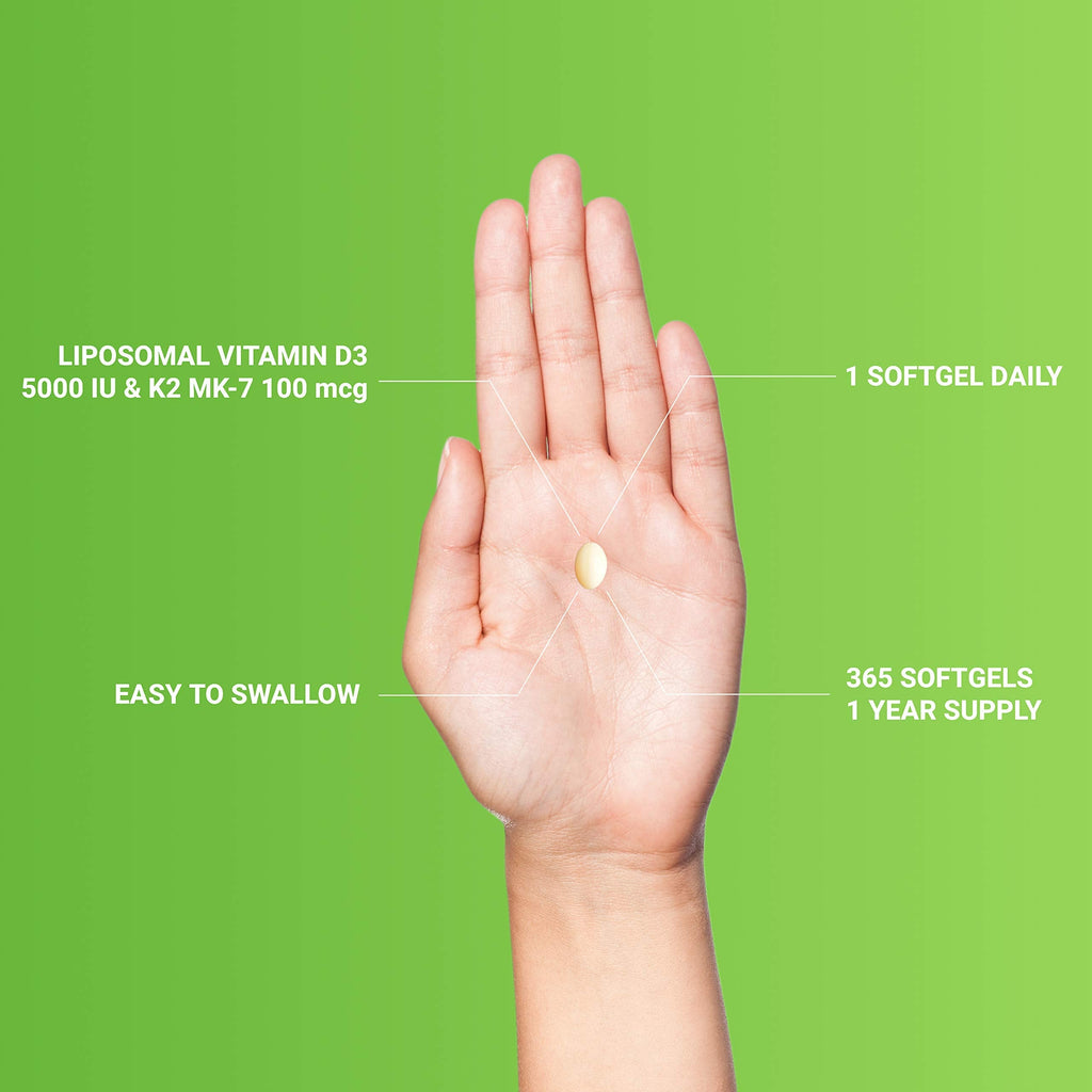 UpNourish Liposomal D3 K2 MK-7 – 365 Mini softgels with Organic Coconut Oil - 5000 IU 125 mcg Vitamin D3 and 100 mcg Vitamin k2