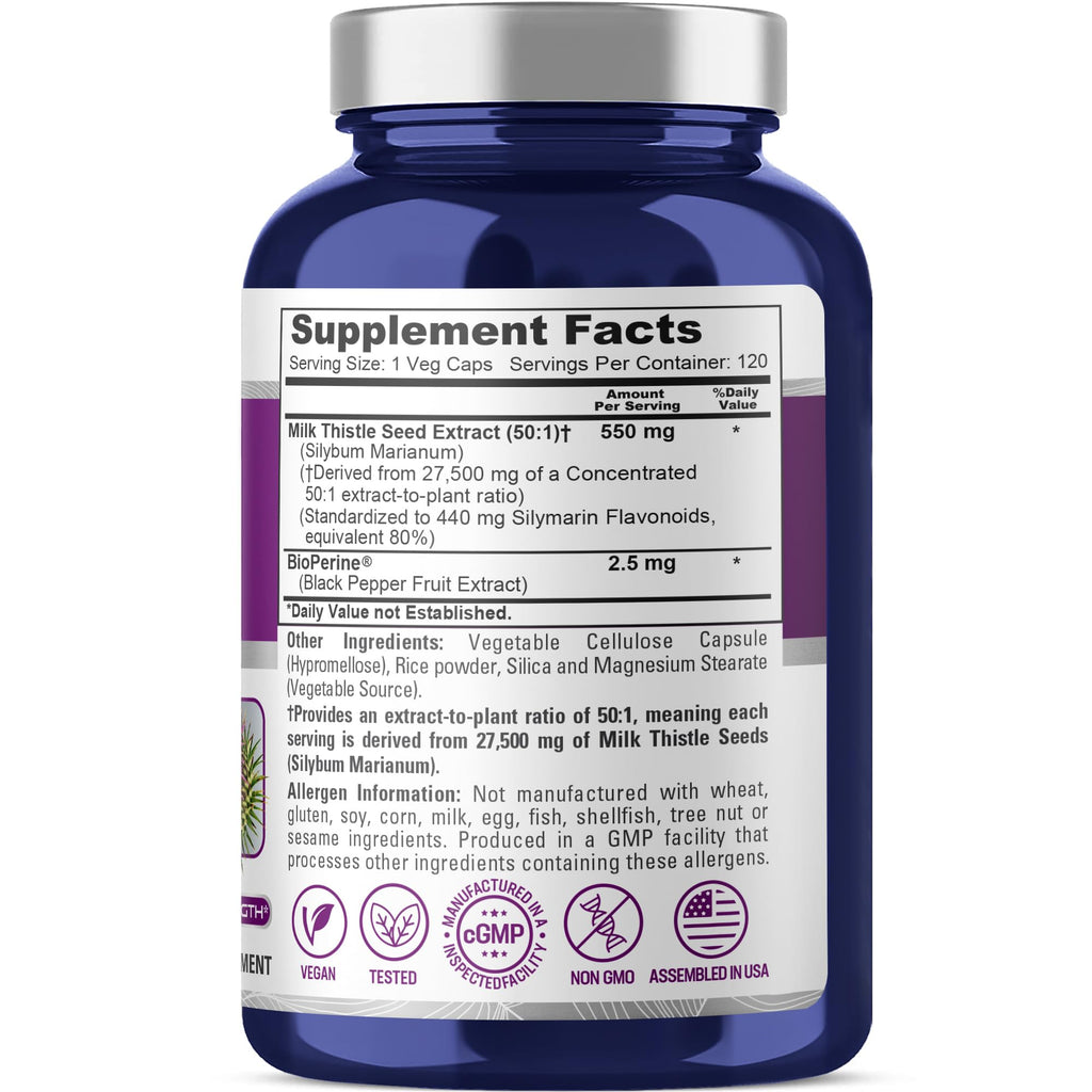 NusaPure Milk Thistle 50:1 Extract, 550 mg Equivalent to 27,500mg 120 Veggie Capsules Non-GMO, Vegan Max Strength - Standardized 80% Silymarin, Bioperine NusaPure Au supplements