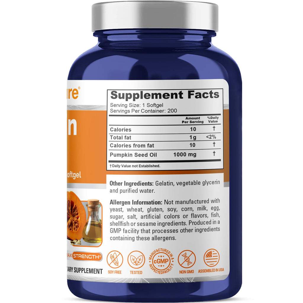 NusaPure Pumpkin Seed Oil 1000mg 200 Softgel Capsules (Non-GMO, Soyfree) Naturally Occurring Phytosterols NusaPure Au supplements
