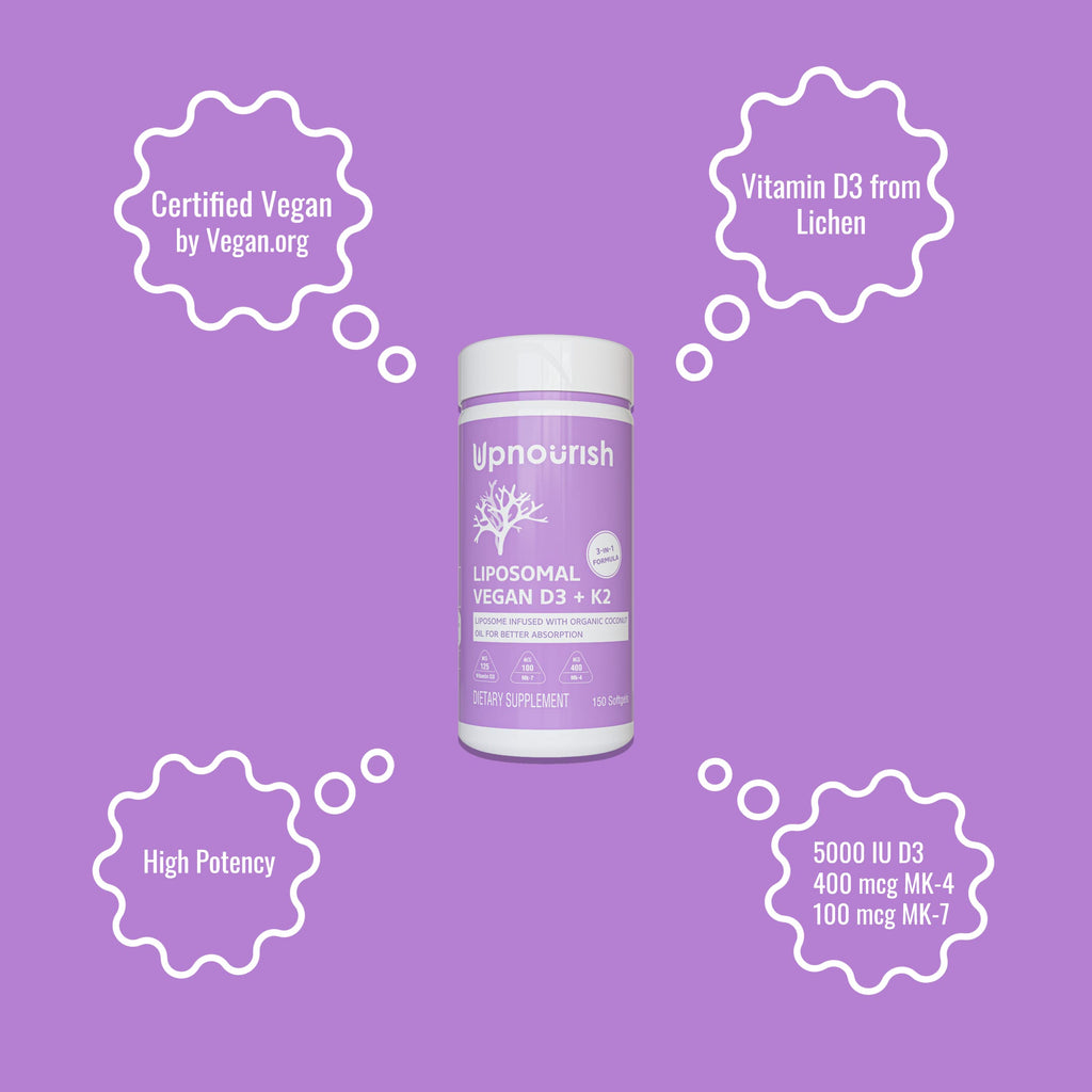 UpNourish Certified Vegan Vitamin D3 5000 IU K2 MK4 MK7 500 mcg Supplement, 150 Softgels, Plant Based Liposomal Vitamin D K with Organic