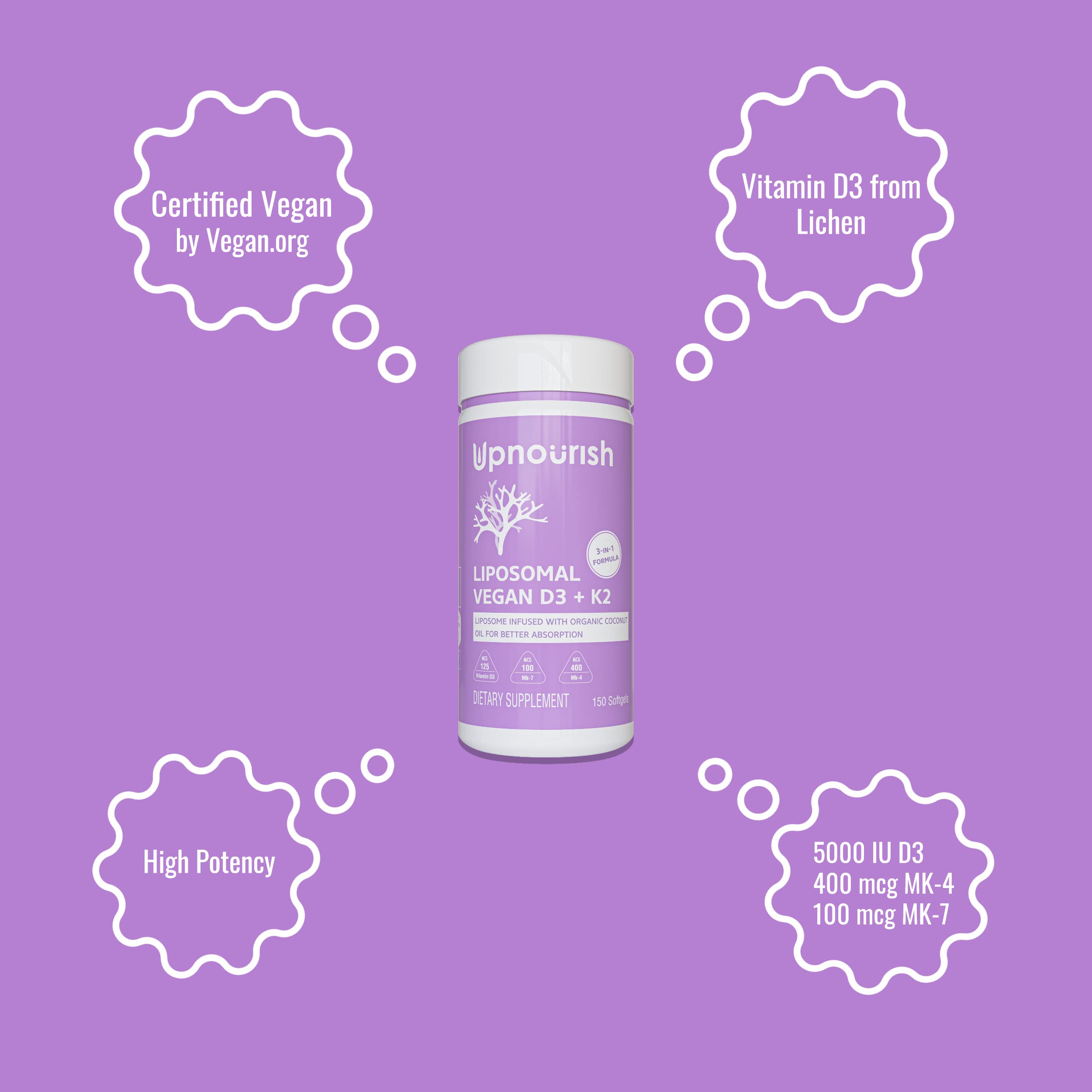 UpNourish Certified Vegan Vitamin D3 5000 IU K2 MK4 MK7 500 mcg Supplement, 150 Softgels, Plant Based Liposomal Vitamin D K with Organic