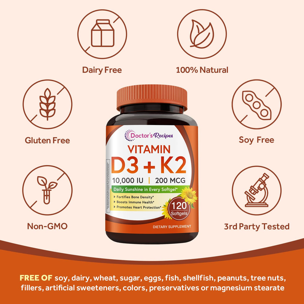 Doctor's Recipes Vitamin D3 K2, 10,000 IU, 200 mcg, MK-7, Strong Bone Density, Teeth, Immune, Heart Support, Energy, Calcium Absorption,