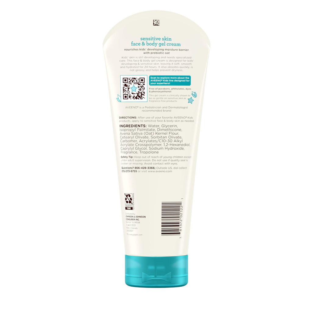 Aveeno Sensitive Skin Face & Body Gel Cream for Kids with Prebiotic Oat, Clinically Proven 24 Hour Hydration for Soft Skin