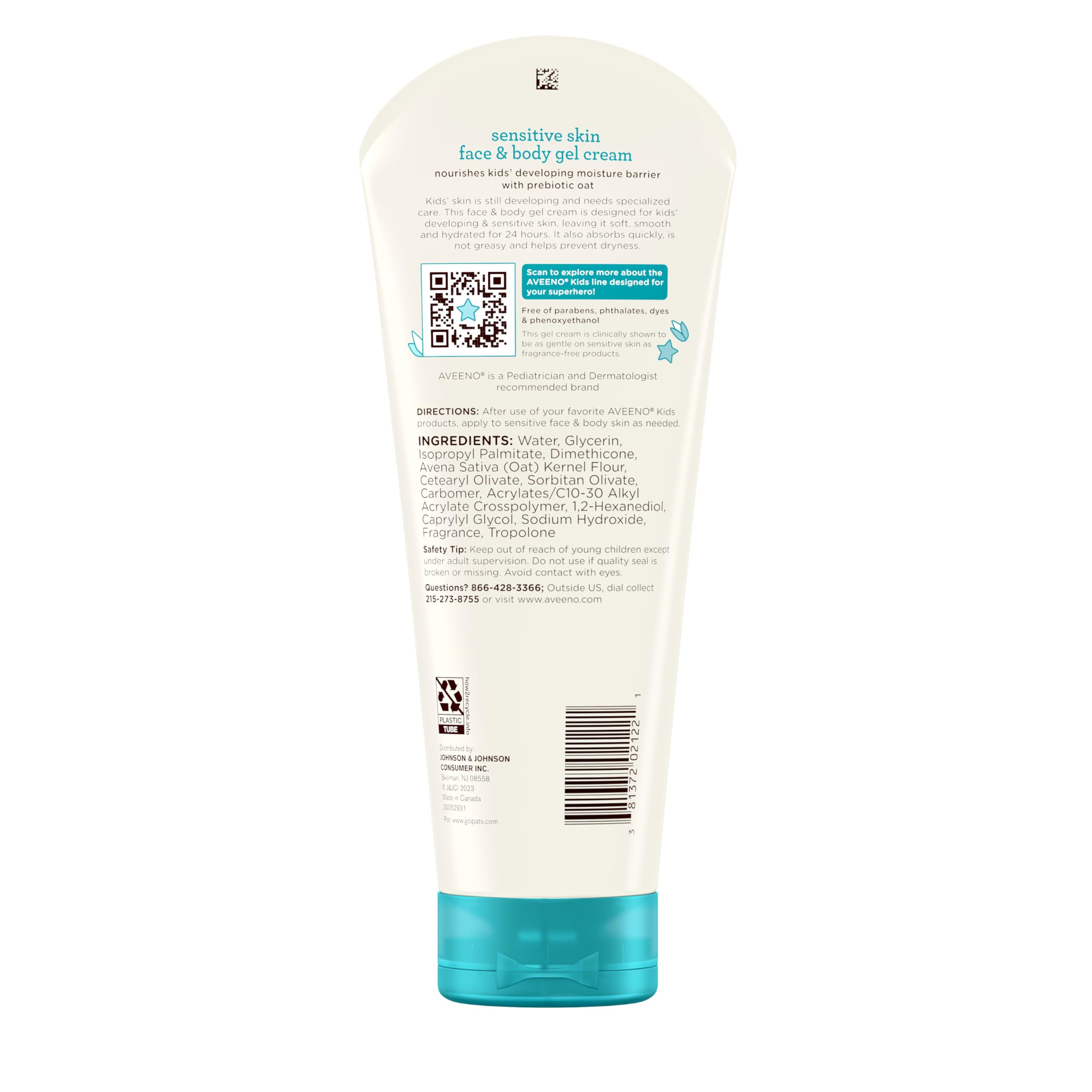 Aveeno Sensitive Skin Face & Body Gel Cream for Kids with Prebiotic Oat, Clinically Proven 24 Hour Hydration for Soft Skin