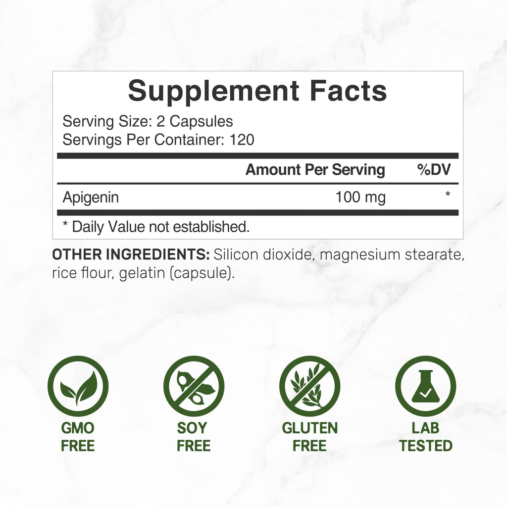 Apigenin, 100mg Per Serving, 240 Capsules – Raw Plant Extract from Chamomile Flower – Active Bioflavonoids & Antioxidants