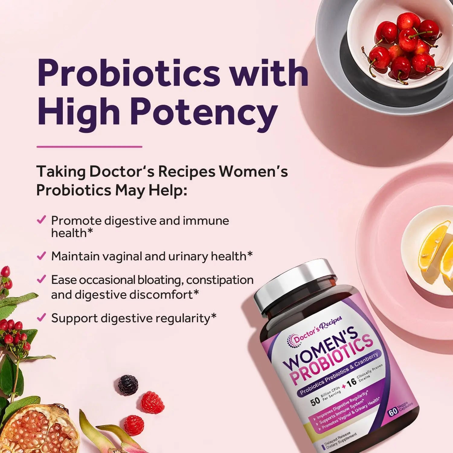 Doctor's Recipes Women’s Probiotic, 60 Caps 50 Billion CFU 16 Strains, with Organic Doctor's Recipes Au supplements