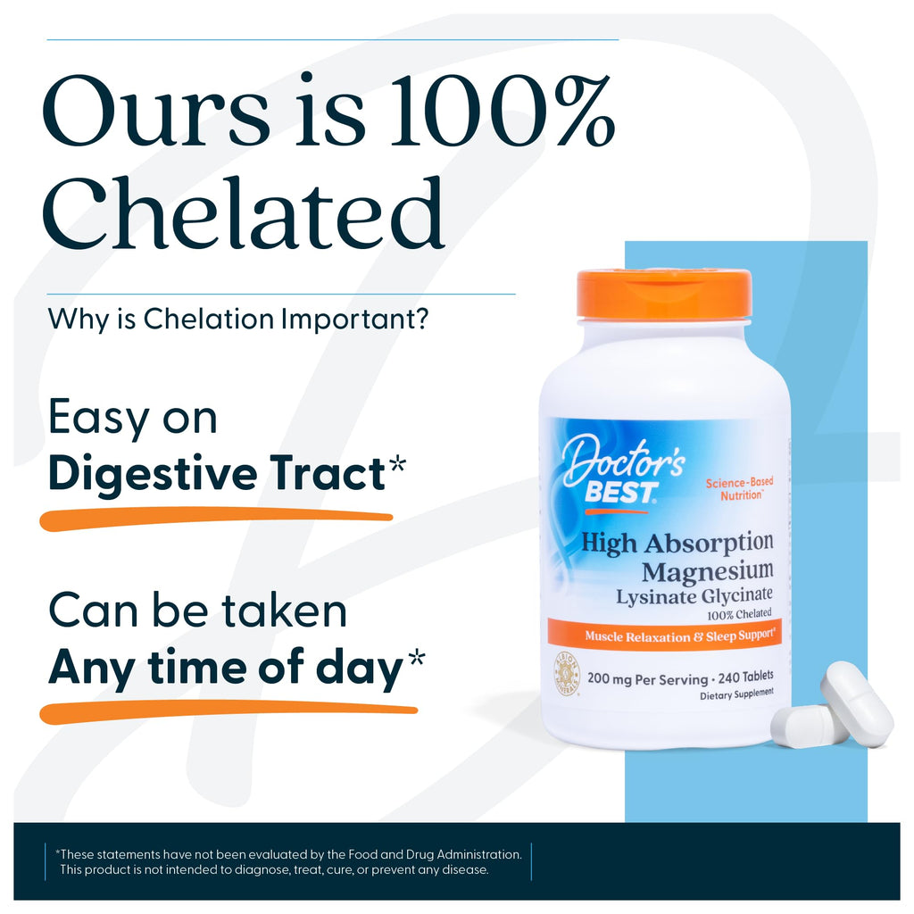 Doctor's Best High Absorption Magnesium Glycinate Lysinate Supplement for Sleep Support - Chelated Magnesium Tablets for Women & Men, 200mg per Serving