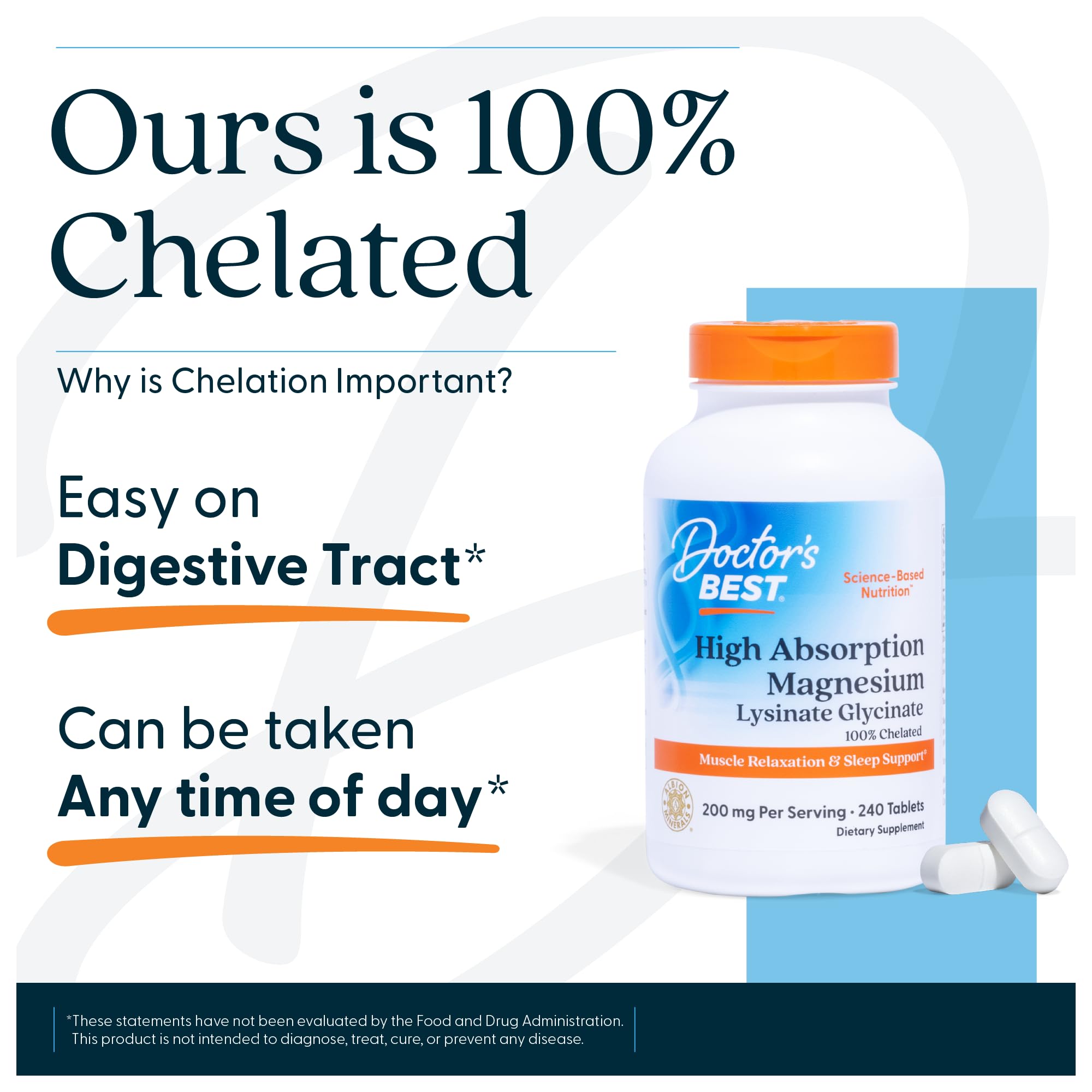Doctor's Best High Absorption Magnesium Glycinate Lysinate Supplement for Sleep Support - Chelated Magnesium Tablets for Women & Men, 200mg per Serving