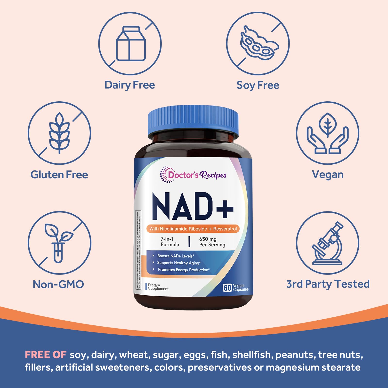 Doctor's Recipes NAD Supplement, Nicotinamide Riboside, Resveratrol, NMN Alternative for Anti-Aging, w/Magnesium Glycinate & L-Tryptophan, 650mg Per Serving, Energy & Mood Boost, 60 Vegan Capsules Doctor's Recipes Au supplements