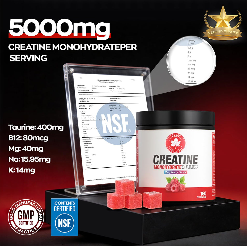 GABE SUNNYBEARS Creatine Gummies, NSF Certified, 5g Creatine Monohydrate per Serving with Taurine & B12, Raspberry Flavor, 160 Count, for Men & Women GABE SUNNYBEARS Au supplements