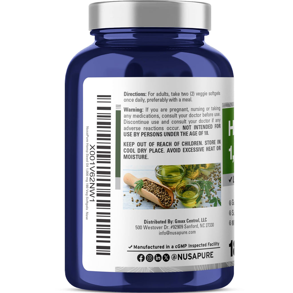 NusaPure Hemp Oil 1,000mg Per Serving, 180 Veggie Softgels, Non-GMO, Vegan NusaPure Au supplements