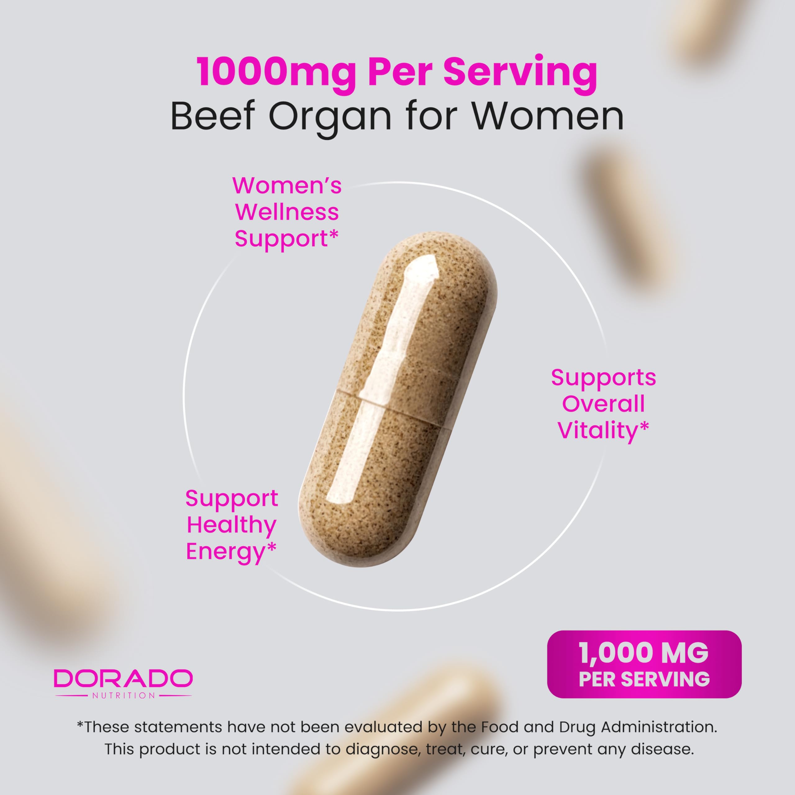 Beef Organ Supplement for Women - Grass Fed Beef Liver, Heart, Kidney & Uterus 1000mg