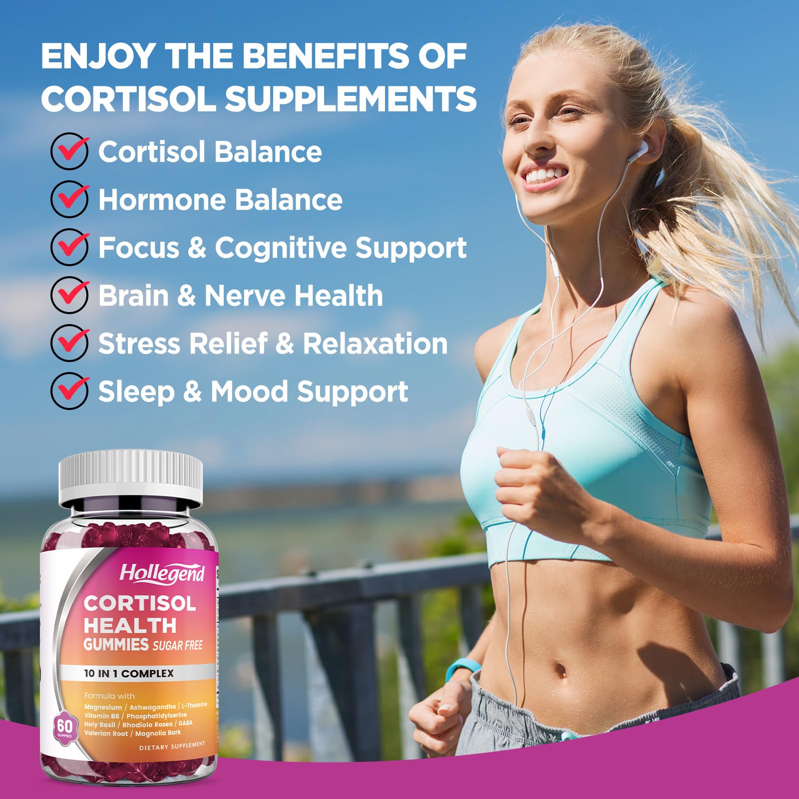 HOLLEGEND Cortisol Supplements for Women Men, Cortisol Gummies with Ashwagandha, Magnesium, L-Theanine, Phosphatidylserine, B6 for Cortisol Detox, Relaxation, Sleep, Focus, Sugar-Free, Vegan, 60 HOLLEGEND Au supplements