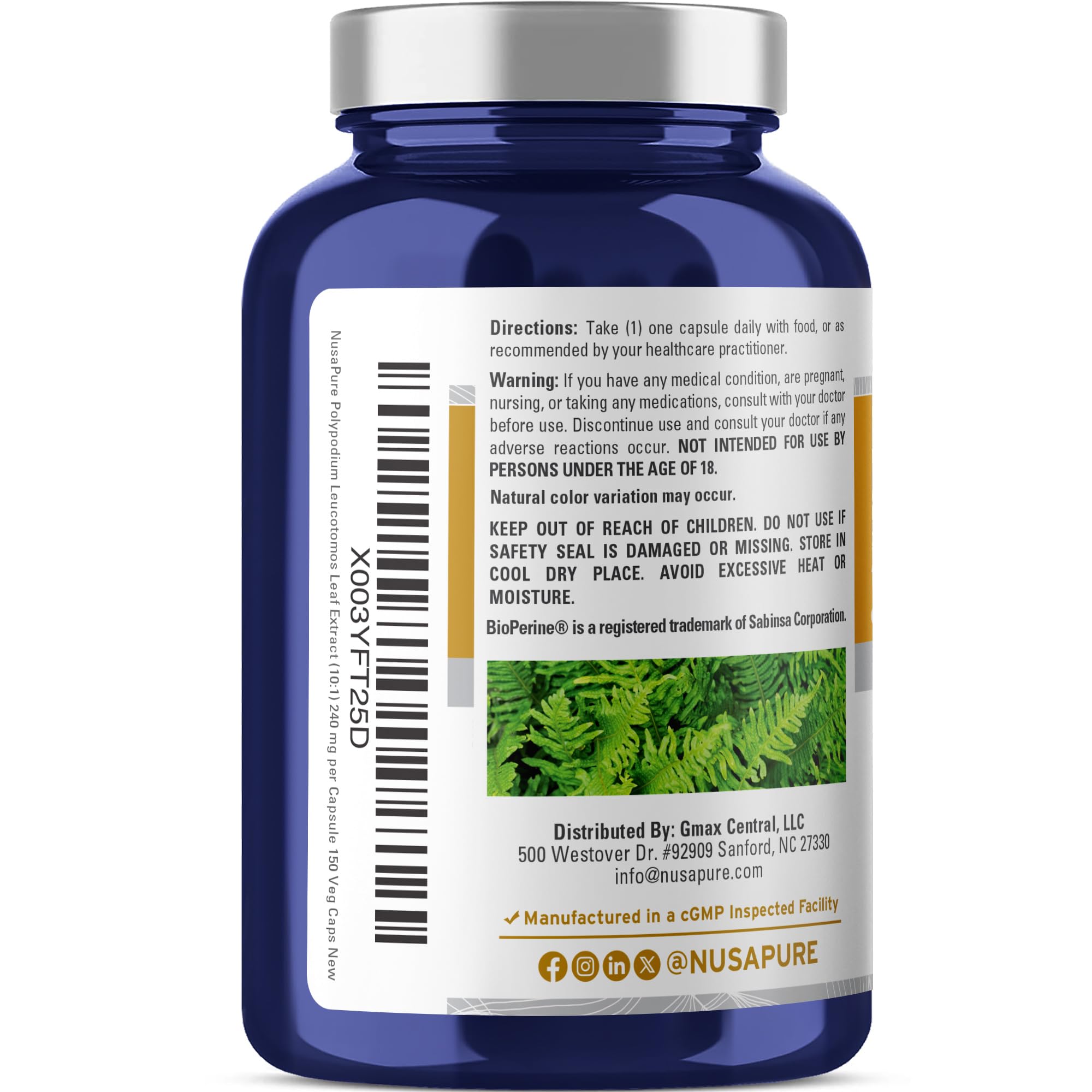 NusaPure Polypodium Nicotinamide 10:1 Extract, 240 mg Equivalent to 2,400 mg per Veg Caps - 150 Count (Non-GMO, Soyfree, Bioperine) NusaPure Au supplements