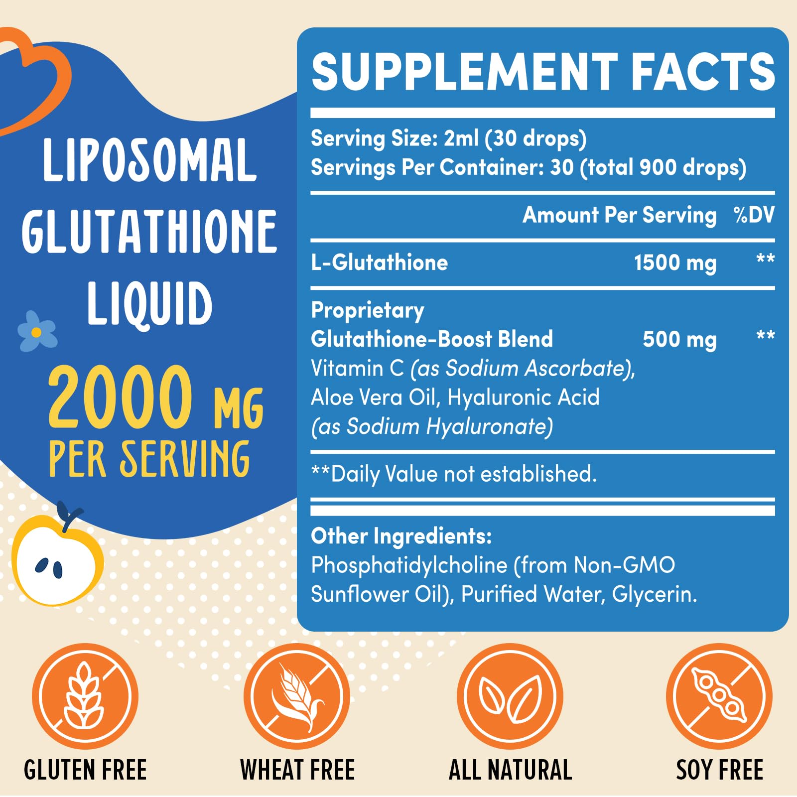 Prunucis 2000MG Liposomal Glutathione Liquid, 98% Absorption, Active Form L-Glutathione Supplement,