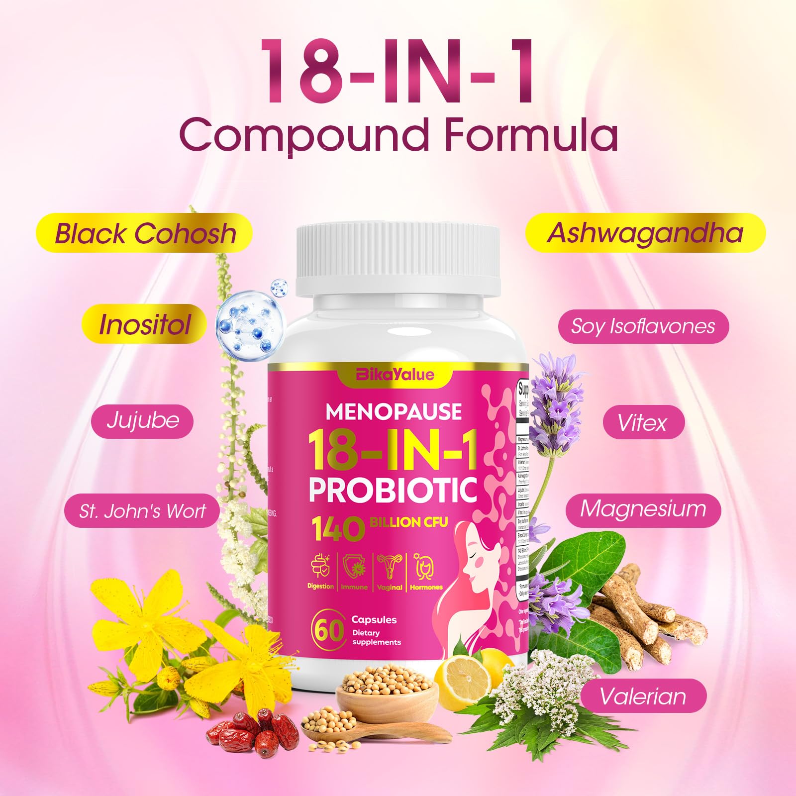Menopause Supplements for Women, 140 Billion CFU Probiotics, 18-in-1 Menopause Relief with Magnesium, Black Cohosh, Inositol, Hormone Harmony for Women, Night Sweats, Mood Swings, Immunity - 60 Caps BIKAYALUE Au supplements