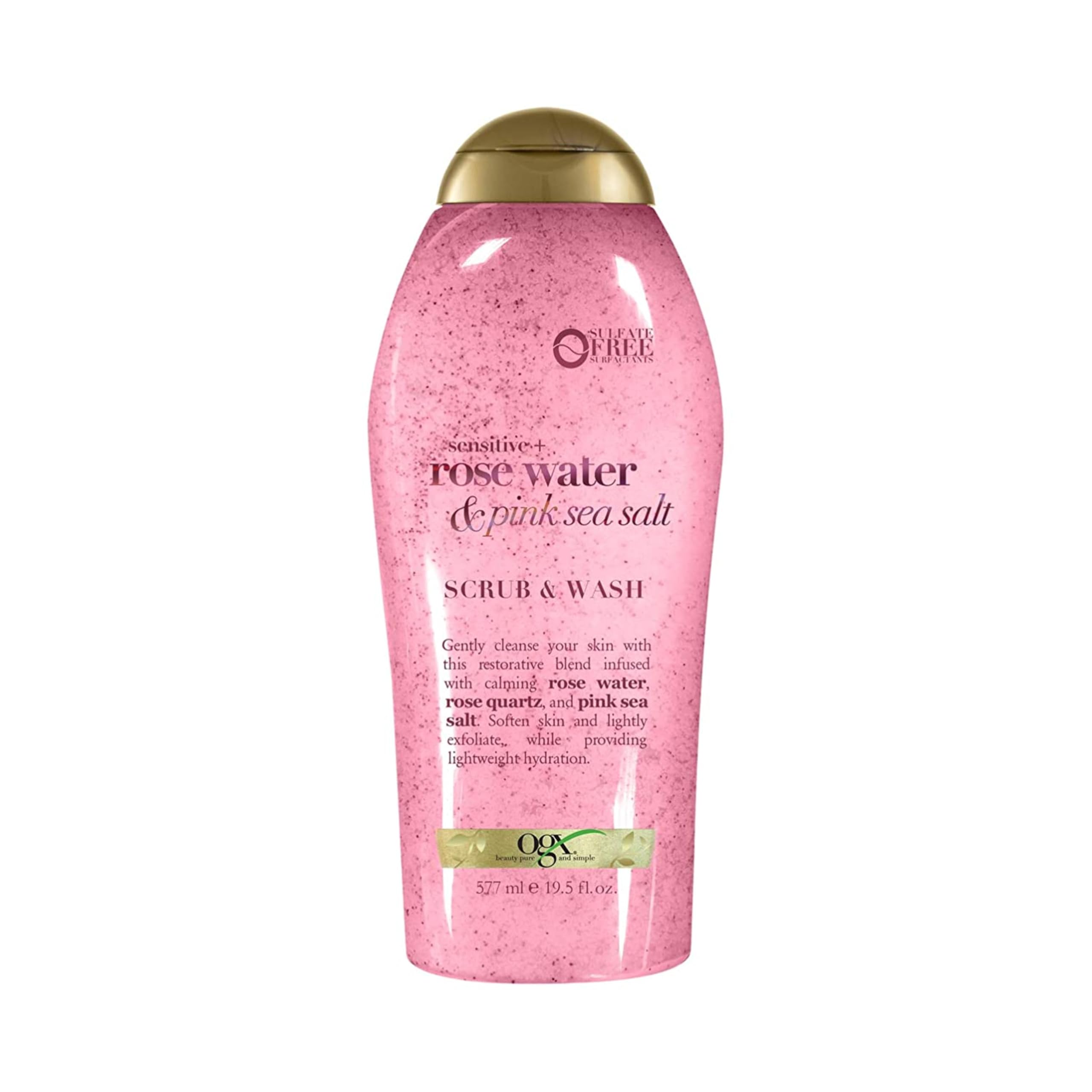 OGX Sensitive + Rose Water & Pink Sea Salt Exfoliating Body Scrub + Rose Quartz, Gentle Exfoliating Daily Body Wash Softens Skin