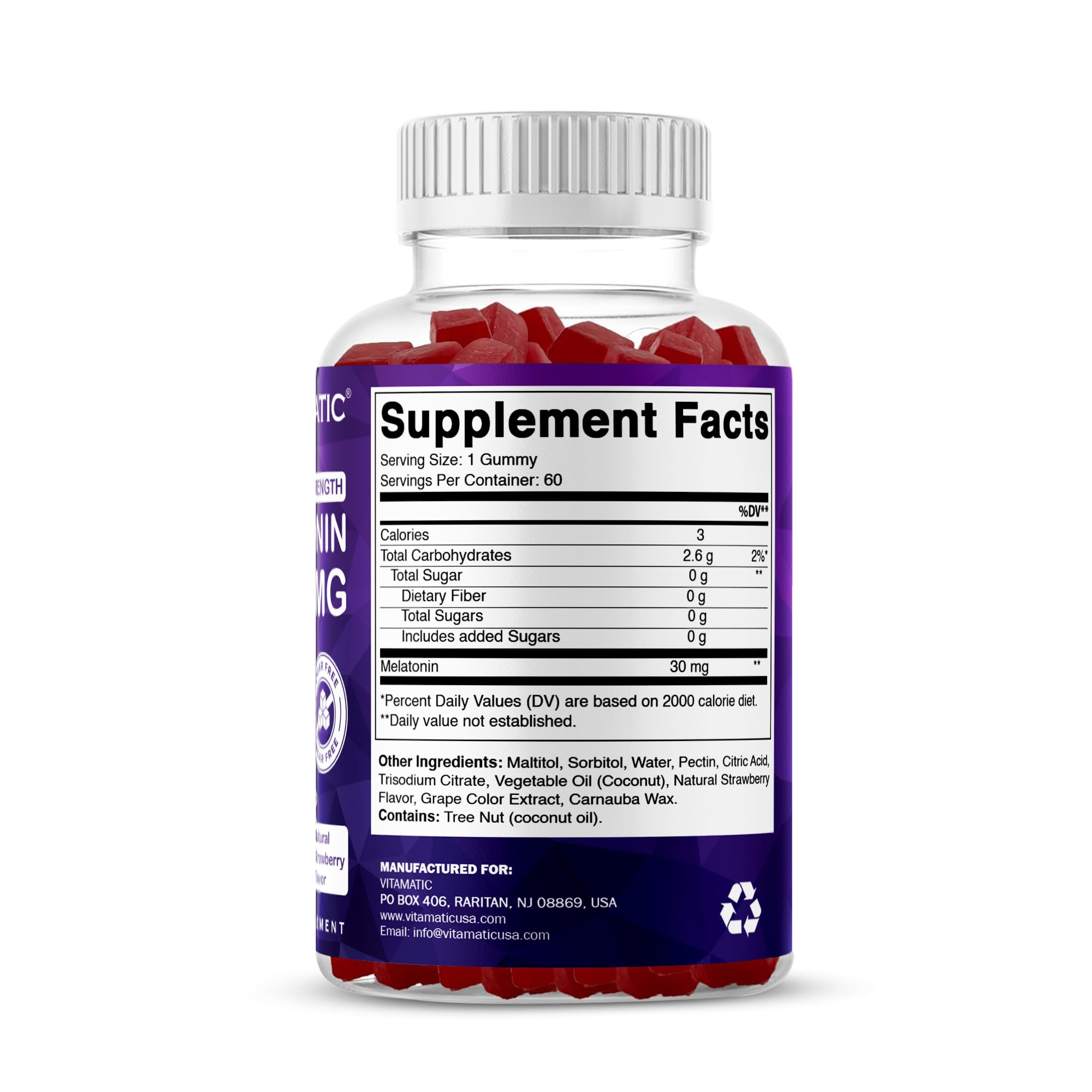 Vitamatic Sugar Free Melatonin 30mg per Gummy - 60 Servings - 60 Vegetarian Gummies - Non-Habit Forming Supplement (60 Count (Pack of 1))